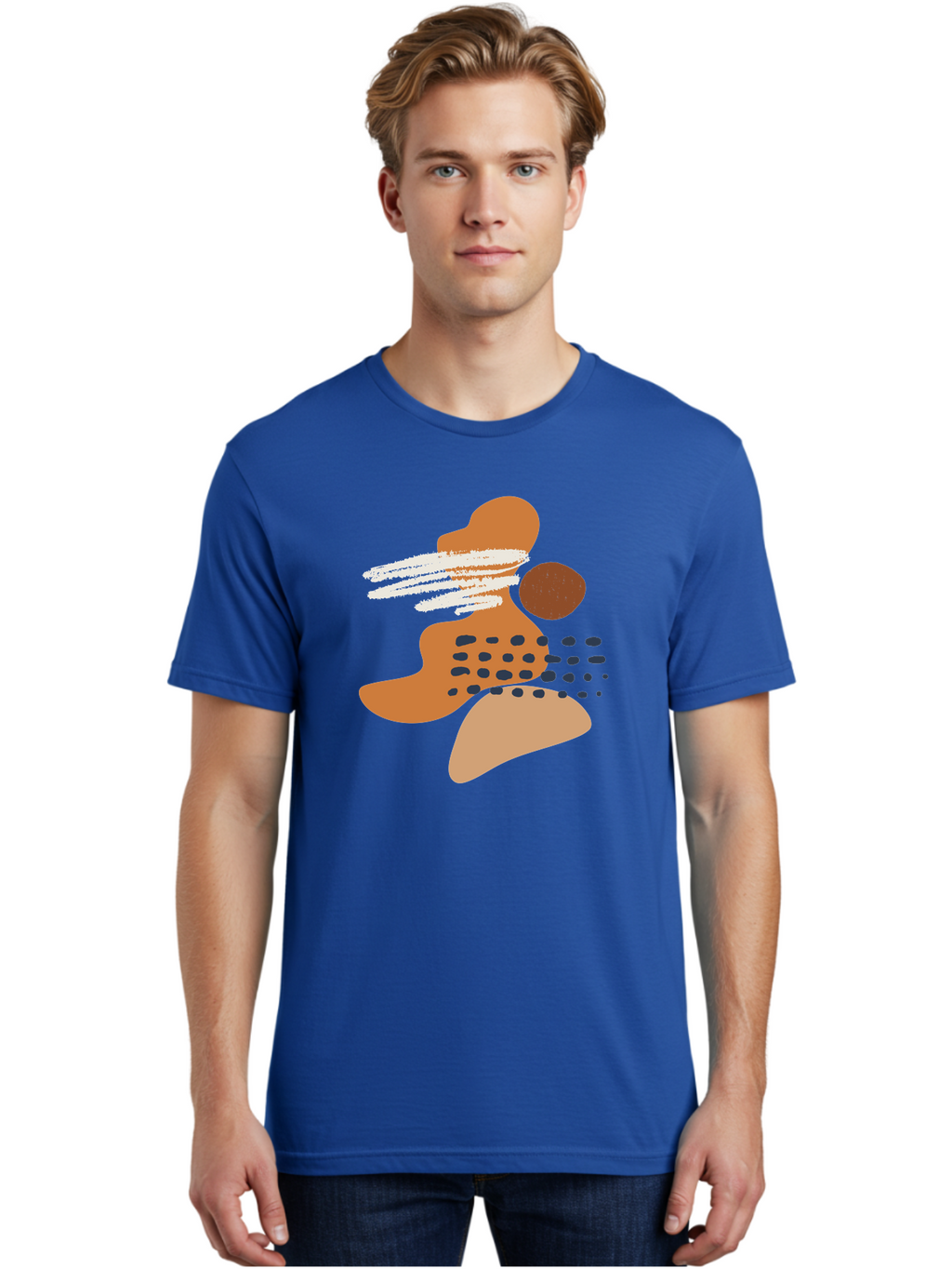 Abstract-Shapes Men'S Graphic Tee, 100% Cotton, Comfortable Casual Summer Wear, Machine Washable, Abstract Art, Modern Design, Geometric Shapes, Orange And Brown Hues, White Streaks, Black Dots, Artistic Expression, Contemporary Style -  Aaa357