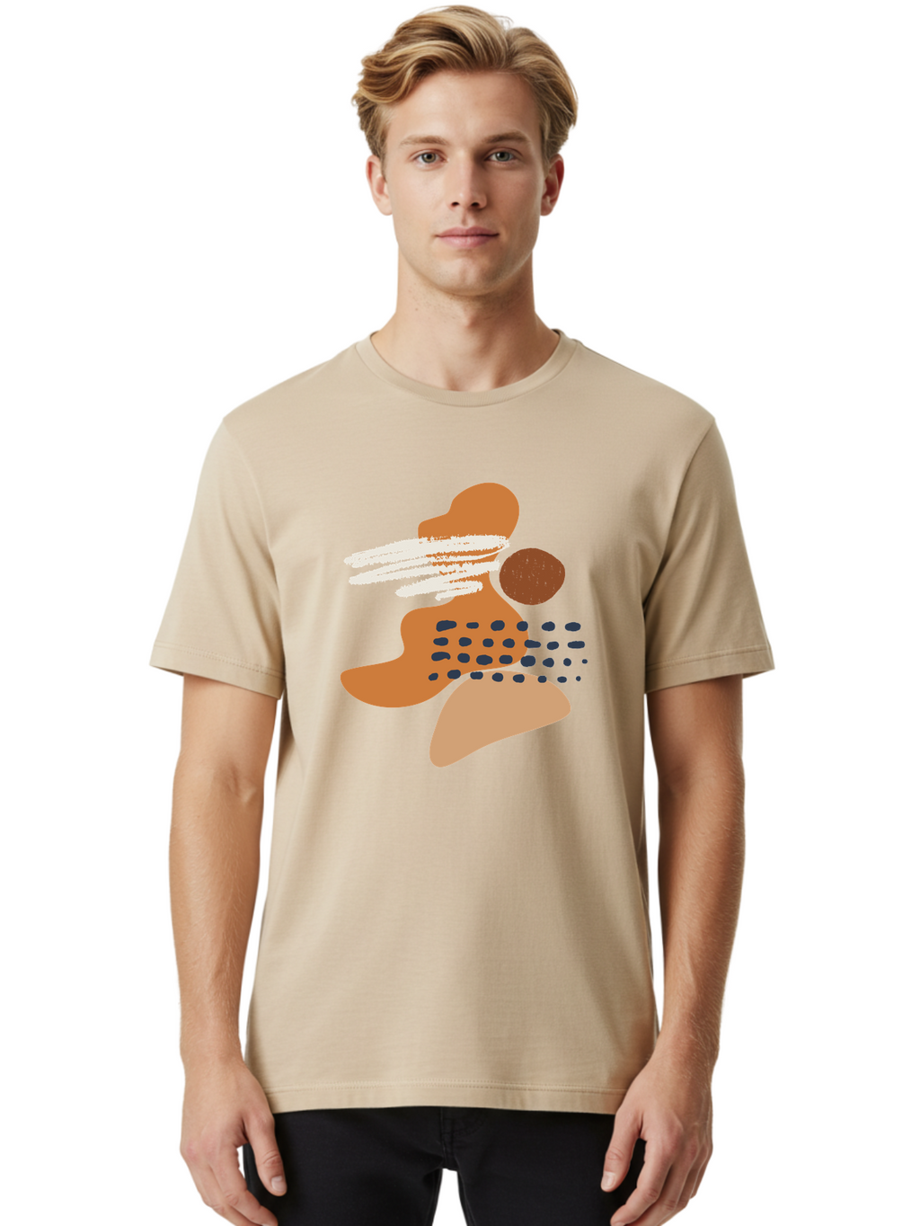 Abstract-Shapes Men'S Graphic Tee, 100% Cotton, Comfortable Casual Summer Wear, Machine Washable, Abstract Art, Modern Design, Geometric Shapes, Orange And Brown Hues, White Streaks, Black Dots, Artistic Expression, Contemporary Style -  Aaa357