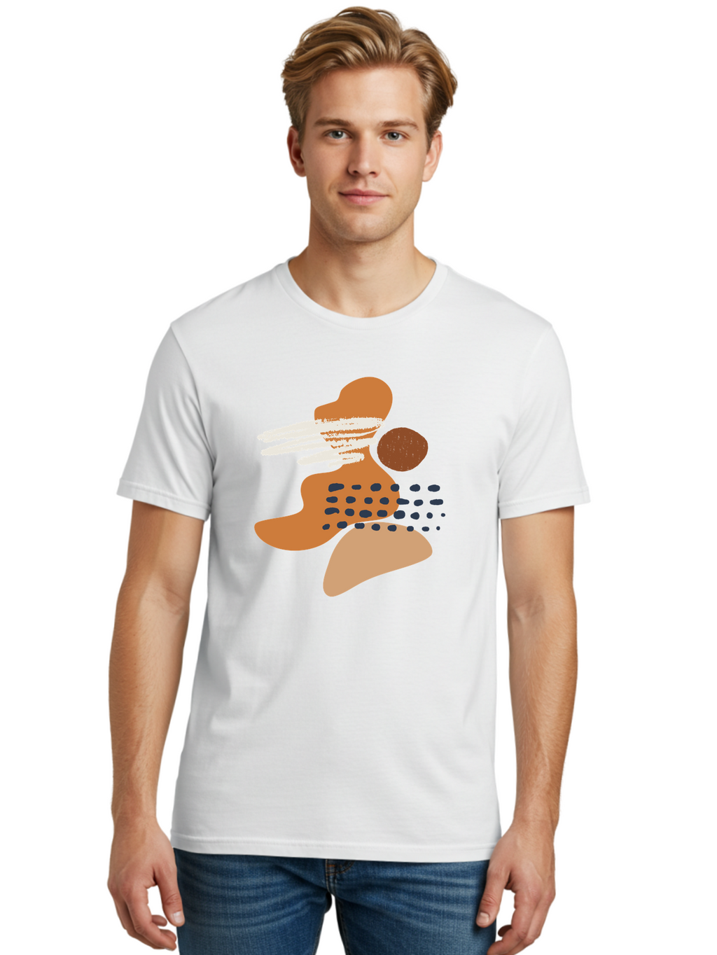 Abstract-Shapes Men'S Graphic Tee, 100% Cotton, Comfortable Casual Summer Wear, Machine Washable, Abstract Art, Modern Design, Geometric Shapes, Orange And Brown Hues, White Streaks, Black Dots, Artistic Expression, Contemporary Style -  Aaa357
