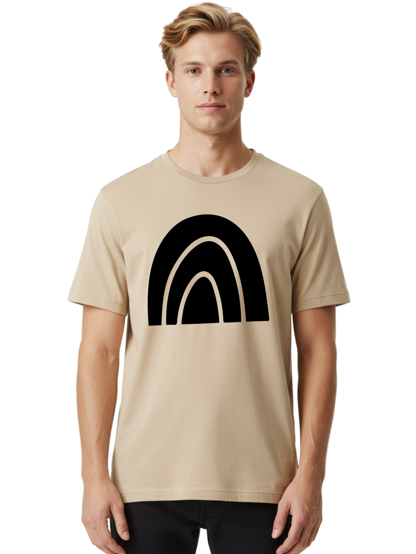 Black-Arches Men'S Graphic Tee, 100% Cotton, Comfortable Casual Summer Wear, Machine Washable, Black Arches, Neon Green Outlines, Modern Minimalist Design, Simple Shapes, Abstract Art, Geometric Pattern -  Aaa363