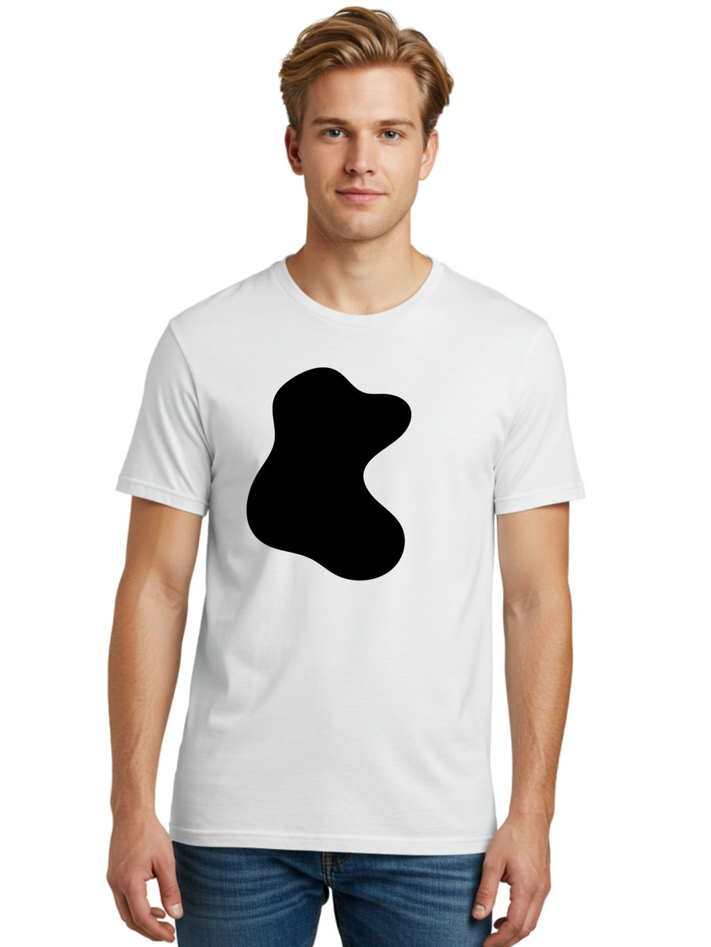 Black-Blob Men'S Graphic Tee, 100% Cotton, Comfortable Casual Summer Wear, Machine Washable, Black Blob Shape, Abstract Design, Irregular Form, Modern Art, Minimalist Style, Simple Shape, Unique Silhouette -  Aaa366
