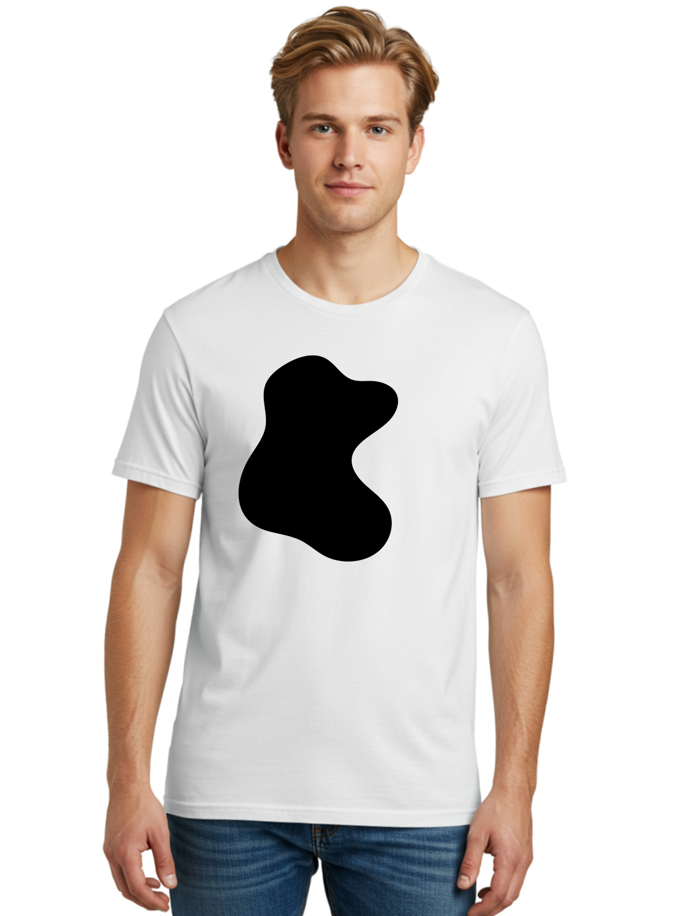Black-Blob Men'S Graphic Tee, 100% Cotton, Comfortable Casual Summer Wear, Machine Washable, Black Blob Shape, Abstract Design, Irregular Form, Modern Art, Minimalist Style, Simple Shape, Unique Silhouette -  Aaa366