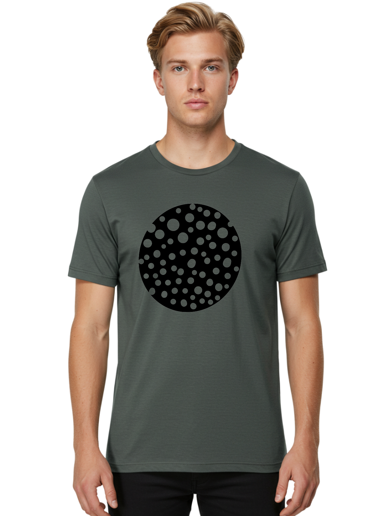 Black-Circle-With-Green-Dots Men'S Graphic Tee, 100% Cotton, Comfortable Casual Summer Wear, Machine Washable, Black Circle, Green Dots, Graphic Design, Abstract Art, Modern Pattern, Geometric Shapes, Simple Design, Bold Colors, -  Aaa368