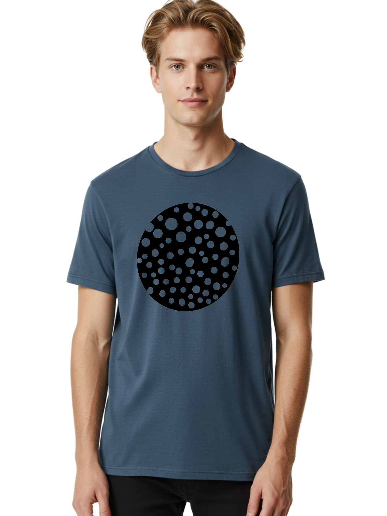 Black-Circle-With-Green-Dots Men'S Graphic Tee, 100% Cotton, Comfortable Casual Summer Wear, Machine Washable, Black Circle, Green Dots, Graphic Design, Abstract Art, Modern Pattern, Geometric Shapes, Simple Design, Bold Colors, -  Aaa368