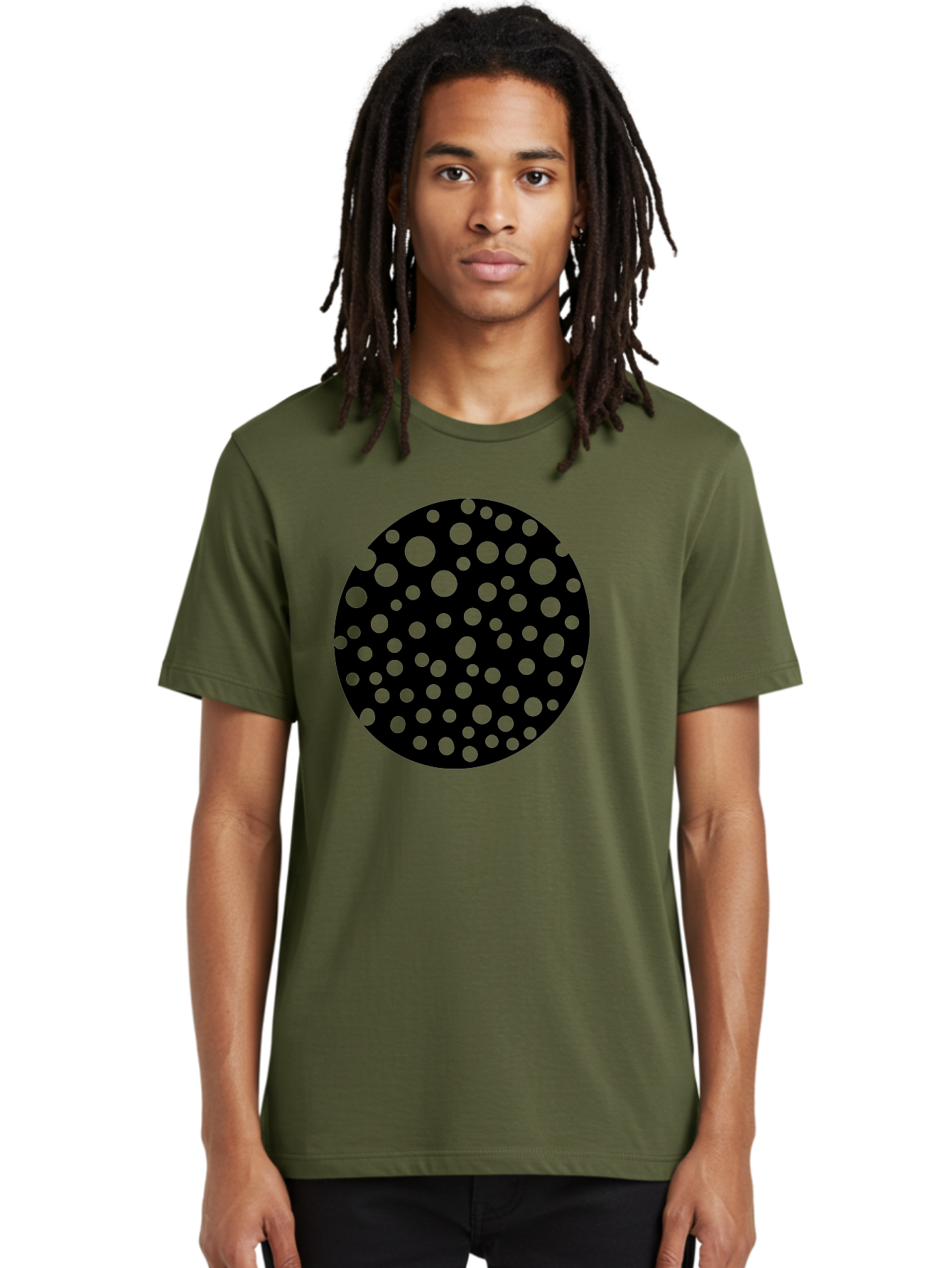 Black-Circle-With-Green-Dots Men'S Graphic Tee, 100% Cotton, Comfortable Casual Summer Wear, Machine Washable, Black Circle, Green Dots, Graphic Design, Abstract Art, Modern Pattern, Geometric Shapes, Simple Design, Bold Colors, -  Aaa368