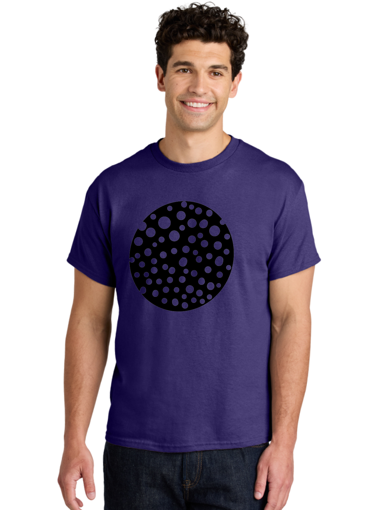 Black-Circle-With-Green-Dots Men'S Graphic Tee, 100% Cotton, Comfortable Casual Summer Wear, Machine Washable, Black Circle, Green Dots, Graphic Design, Abstract Art, Modern Pattern, Geometric Shapes, Simple Design, Bold Colors, -  Aaa368