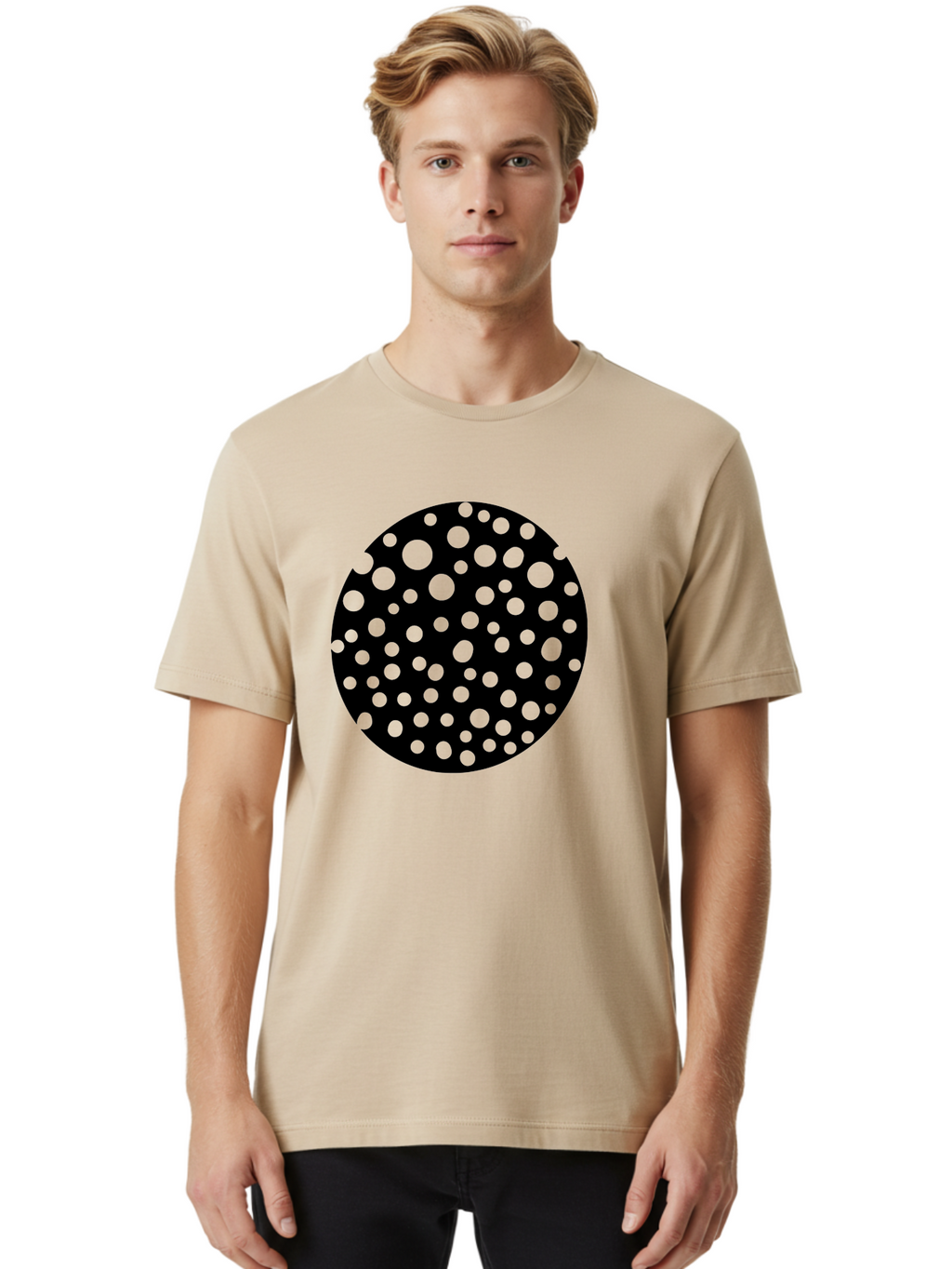 Black-Circle-With-Green-Dots Men'S Graphic Tee, 100% Cotton, Comfortable Casual Summer Wear, Machine Washable, Black Circle, Green Dots, Graphic Design, Abstract Art, Modern Pattern, Geometric Shapes, Simple Design, Bold Colors, -  Aaa368