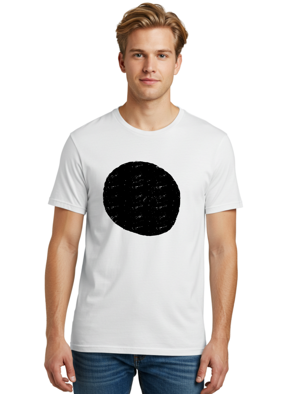 Black-Circle Men'S Graphic Tee, 100% Cotton, Comfortable Casual Summer Wear, Machine Washable, Black Circle, Abstract Shape, Digital Art, Modern Design, Minimalist Style, Geometric Figure, Simple Icon -  Aaa369