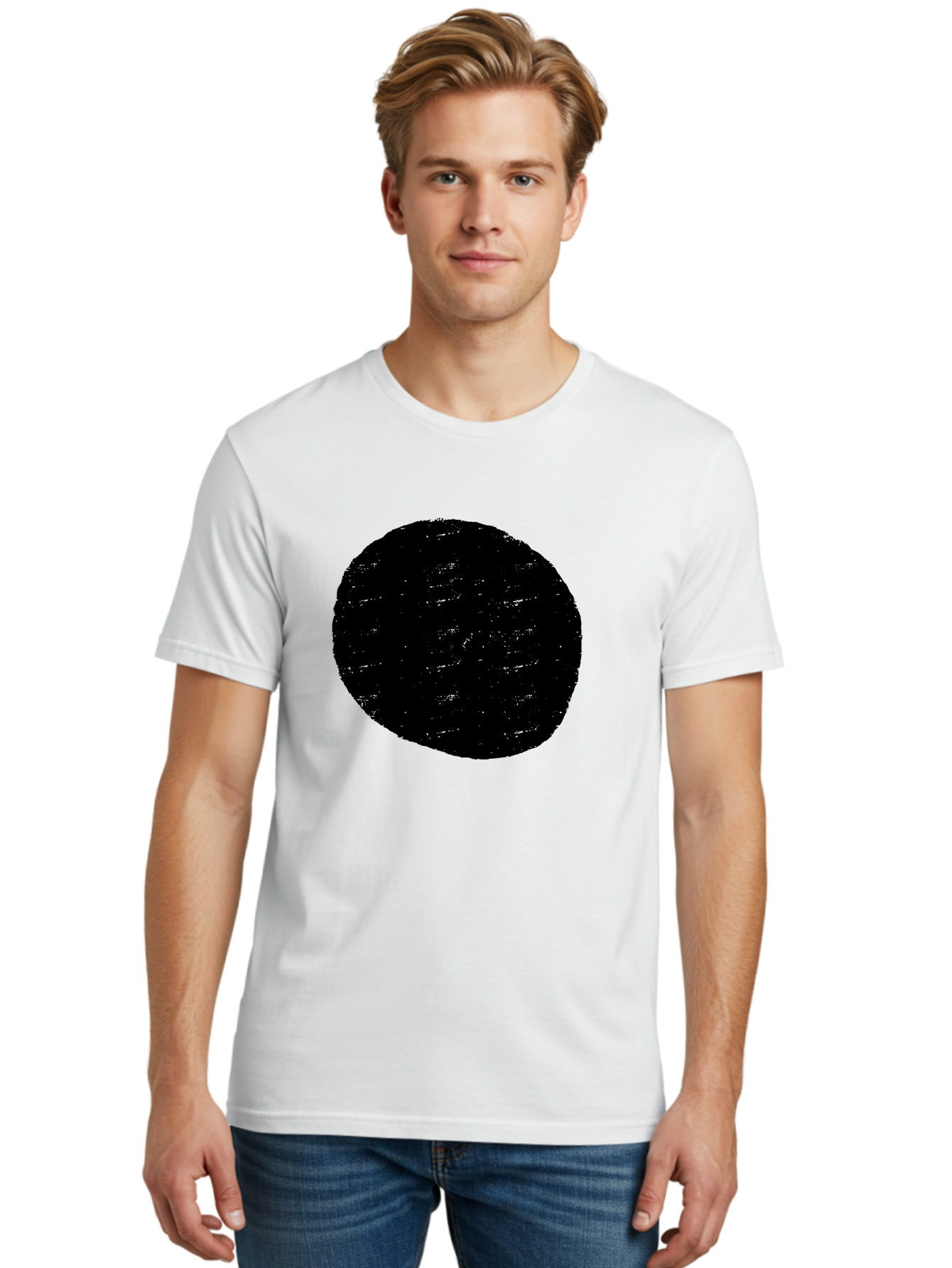 Black-Circle Men'S Graphic Tee, 100% Cotton, Comfortable Casual Summer Wear, Machine Washable, Black Circle, Abstract Shape, Digital Art, Modern Design, Minimalist Style, Geometric Figure, Simple Icon -  Aaa369