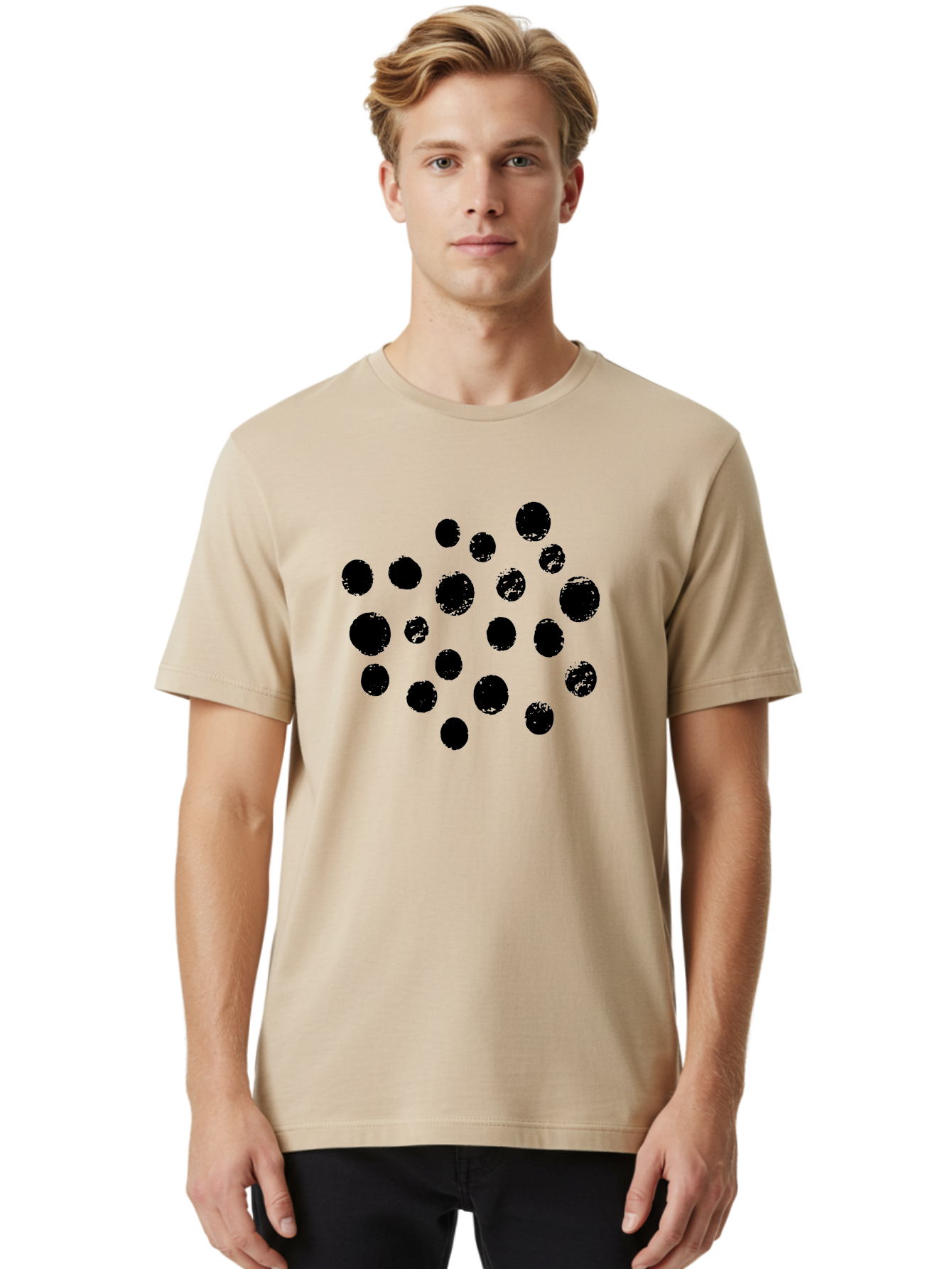 Black-Dots Men'S Graphic Tee, 100% Cotton, Comfortable Casual Summer Wear, Machine Washable, Black Dots, Scattered Dots, Round Shapes, Abstract Design, Creative Pattern, Artistic Elements, Modern Graphic, Simple Shapes -  Aaa372