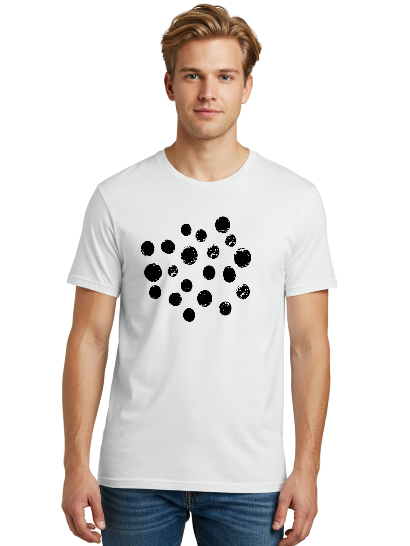 Black-Dots Men'S Graphic Tee, 100% Cotton, Comfortable Casual Summer Wear, Machine Washable, Black Dots, Scattered Dots, Round Shapes, Abstract Design, Creative Pattern, Artistic Elements, Modern Graphic, Simple Shapes -  Aaa372
