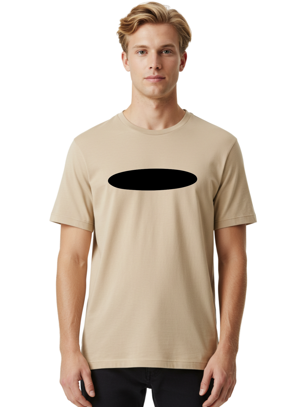 Black-Ellipse Men'S Graphic Tee, 100% Cotton, Comfortable Casual Summer Wear, Machine Washable, Black Ellipse, Minimalist Design, Simple Shape, Abstract Art, Geometric Figure, Modern Graphic -  Aaa373