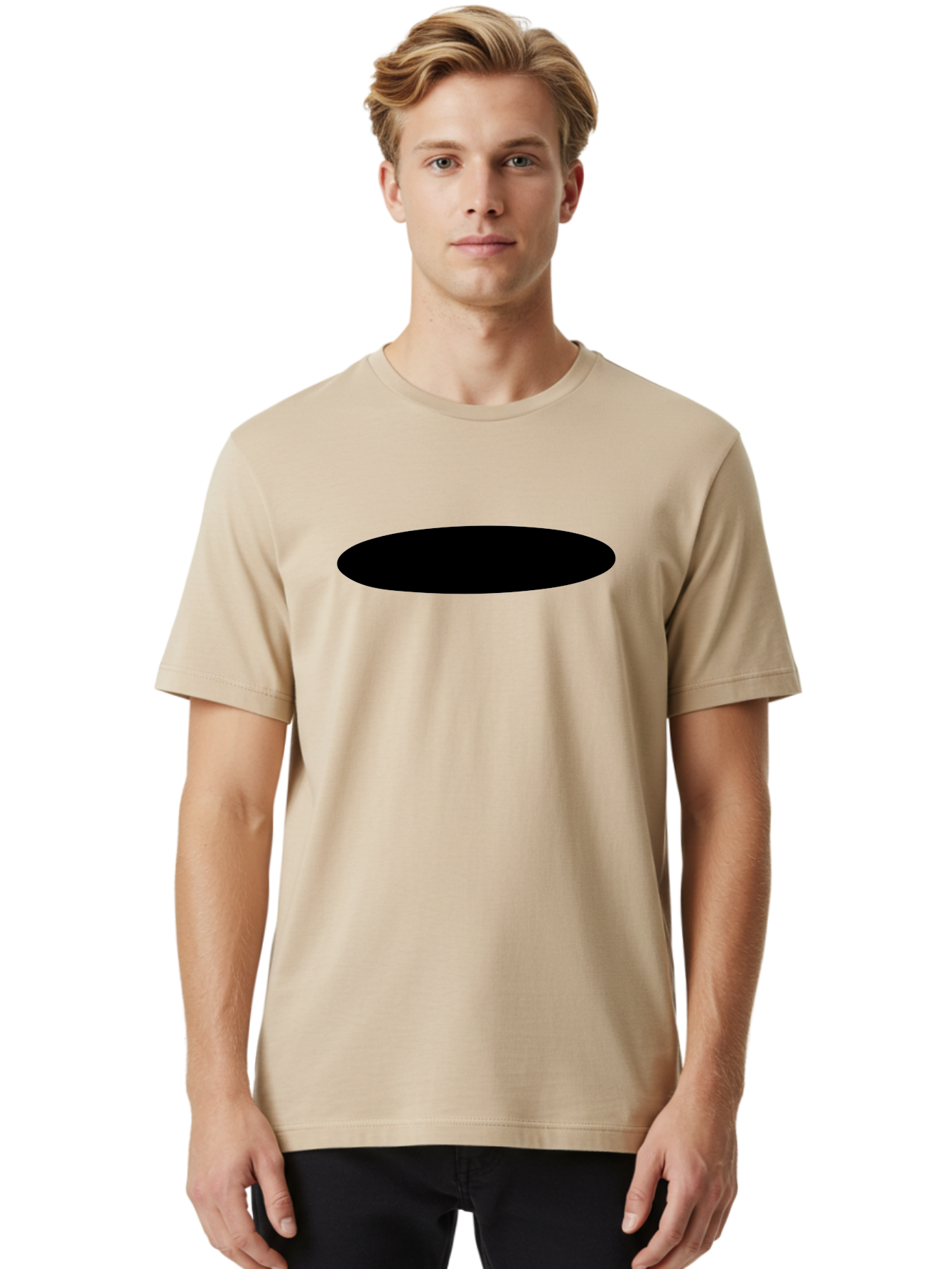 Black-Ellipse Men'S Graphic Tee, 100% Cotton, Comfortable Casual Summer Wear, Machine Washable, Black Ellipse, Minimalist Design, Simple Shape, Abstract Art, Geometric Figure, Modern Graphic -  Aaa373
