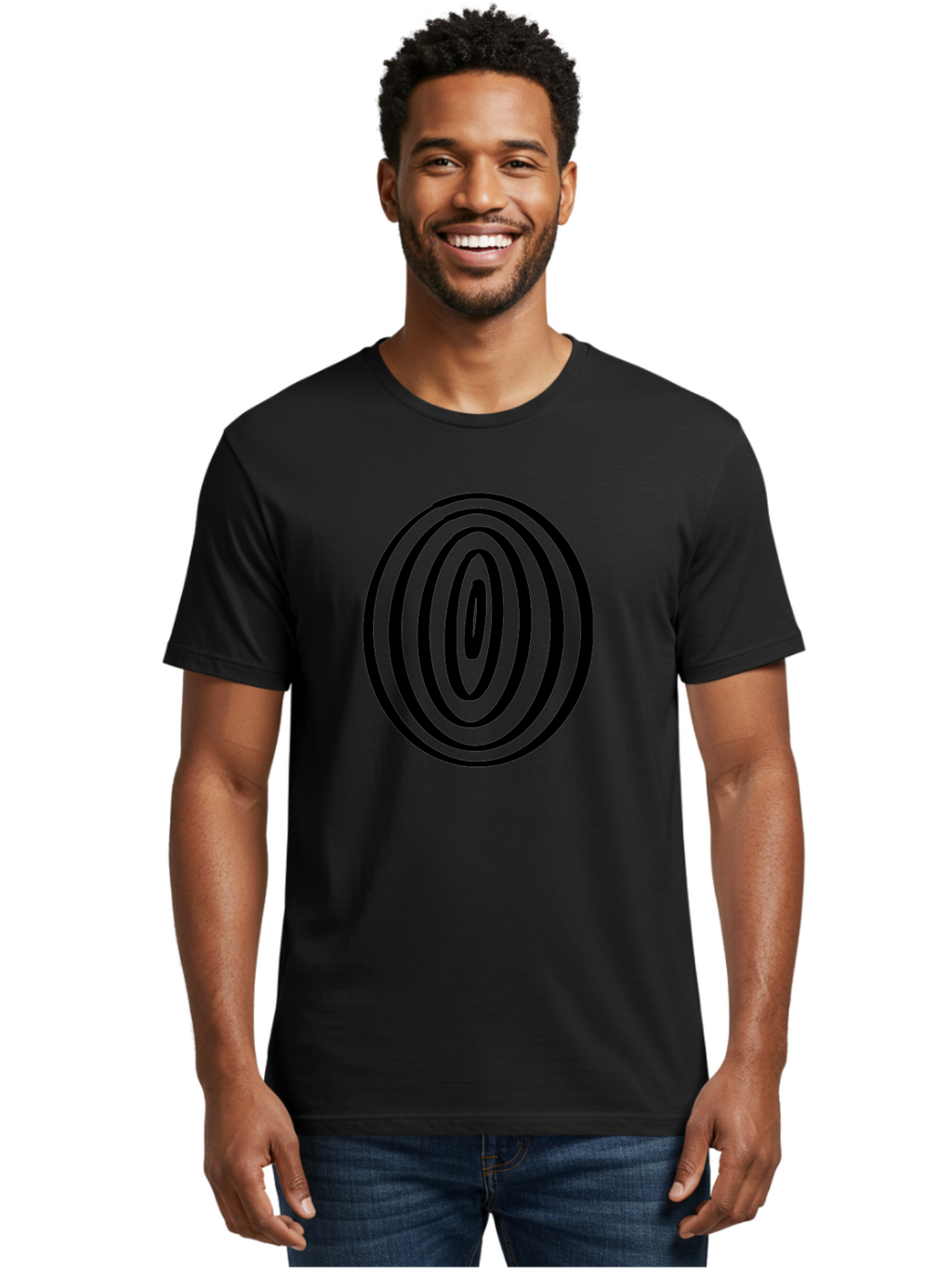 Black-Elliptical-Rings Men'S Graphic Tee, 100% Cotton, Comfortable Casual Summer Wear, Machine Washable, Concentric Circles, Abstract Art, Modern Design, Minimalist Pattern, Black Lines, Geometric Shape, Optical Illusion, Hypnotic Effect -  Aaa374