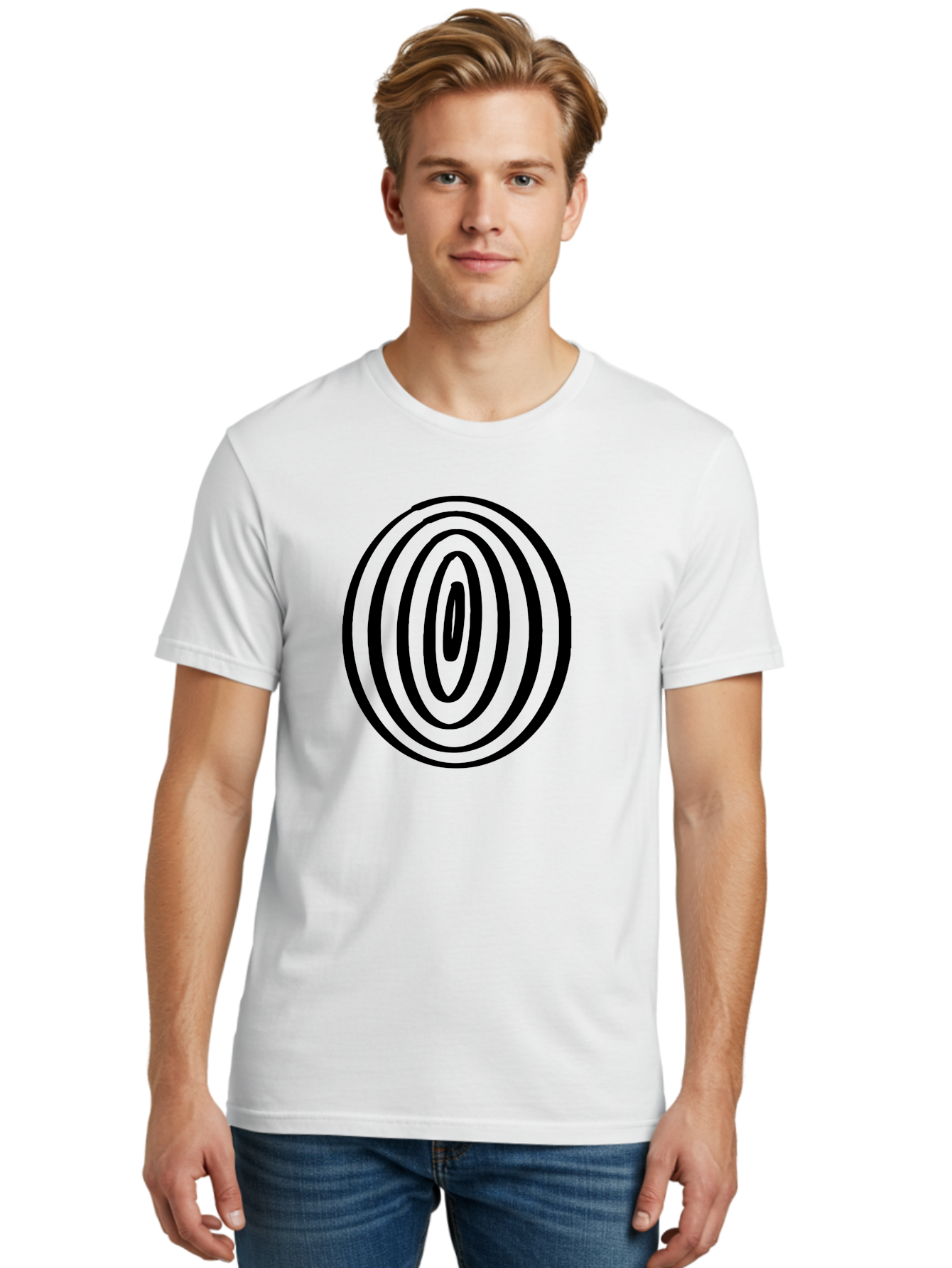 Black-Elliptical-Rings Men'S Graphic Tee, 100% Cotton, Comfortable Casual Summer Wear, Machine Washable, Concentric Circles, Abstract Art, Modern Design, Minimalist Pattern, Black Lines, Geometric Shape, Optical Illusion, Hypnotic Effect -  Aaa374