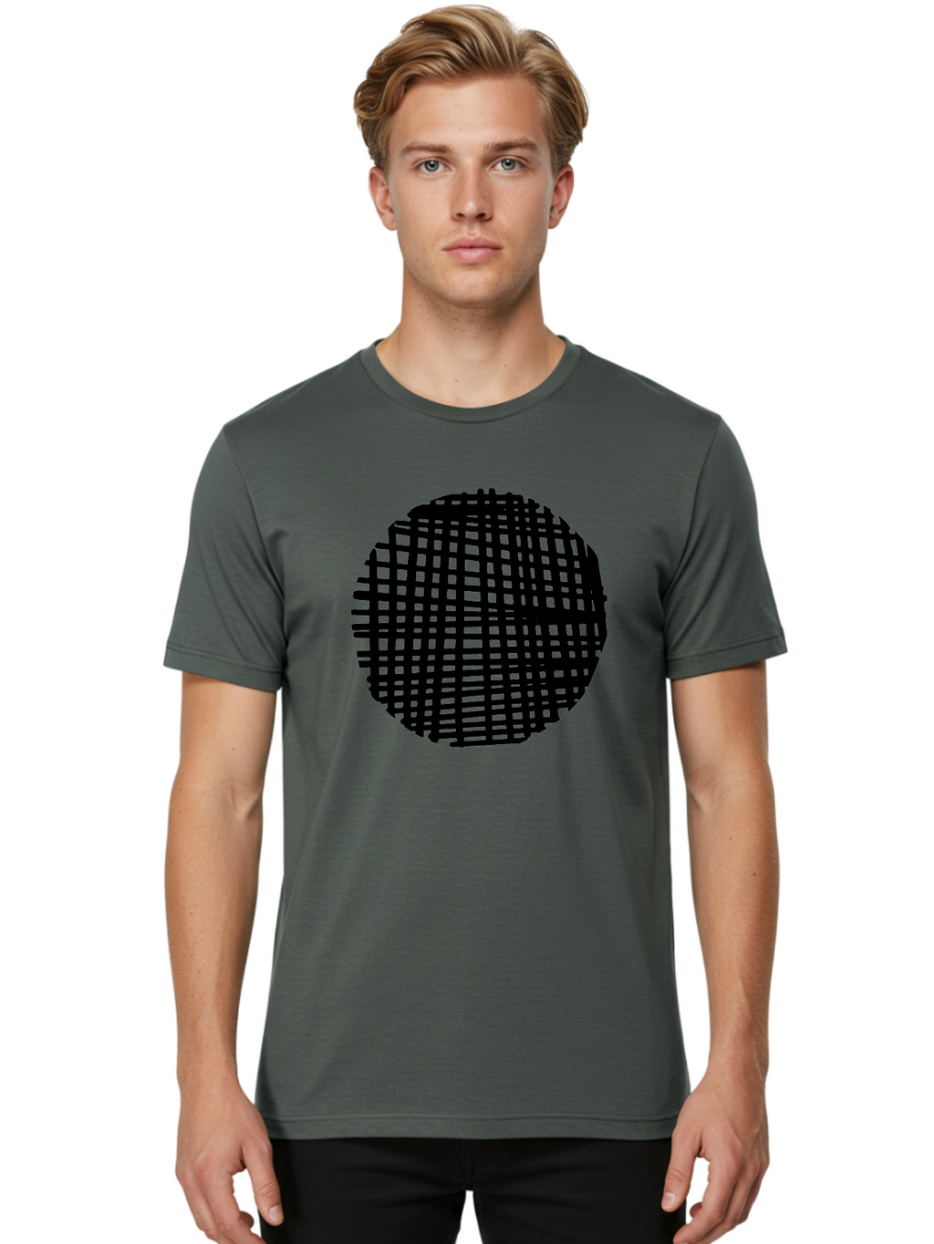 Black-Grid-Circle Men'S Graphic Tee, 100% Cotton, Comfortable Casual Summer Wear, Machine Washable, Disco Ball, Grid Pattern, Abstract Design, Black And Green, Modern Art, Geometric Shape, Spherical Object, Shiny Surface, Party Decoration -  Aaa375