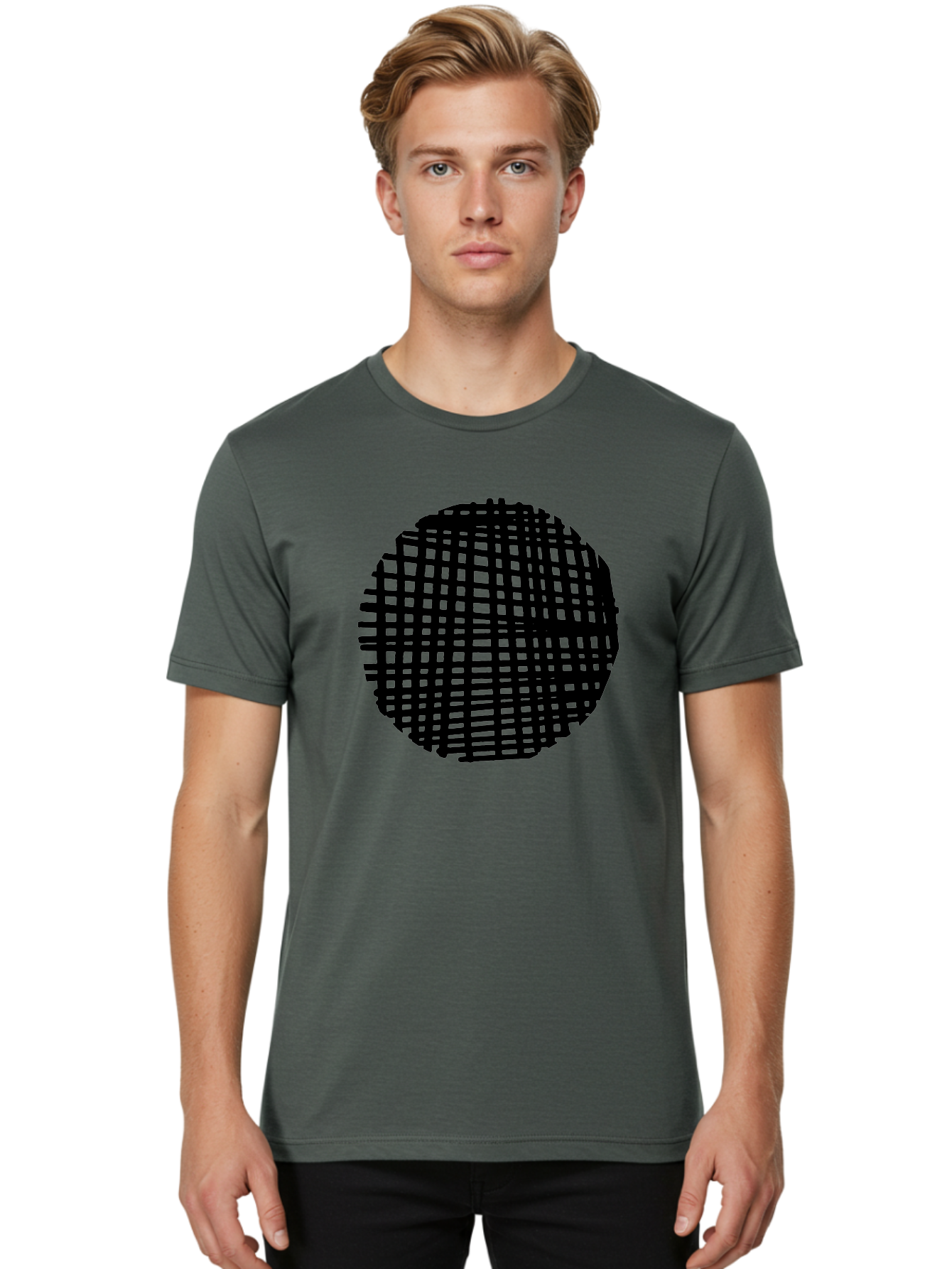 Black-Grid-Circle Men'S Graphic Tee, 100% Cotton, Comfortable Casual Summer Wear, Machine Washable, Disco Ball, Grid Pattern, Abstract Design, Black And Green, Modern Art, Geometric Shape, Spherical Object, Shiny Surface, Party Decoration -  Aaa375