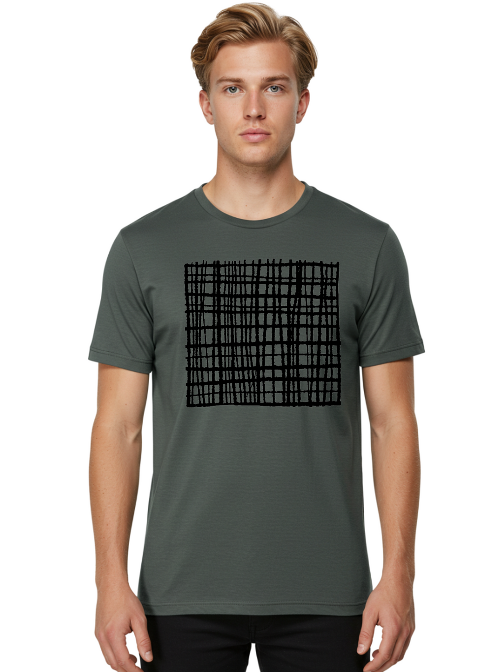 Black-Grid Men'S Graphic Tee, 100% Cotton, Comfortable Casual Summer Wear, Machine Washable, Black Grid Pattern, Graphic Design, Abstract Art, Geometric Shape, Modern Style, Contemporary Design, Grid Texture -  Aaa376