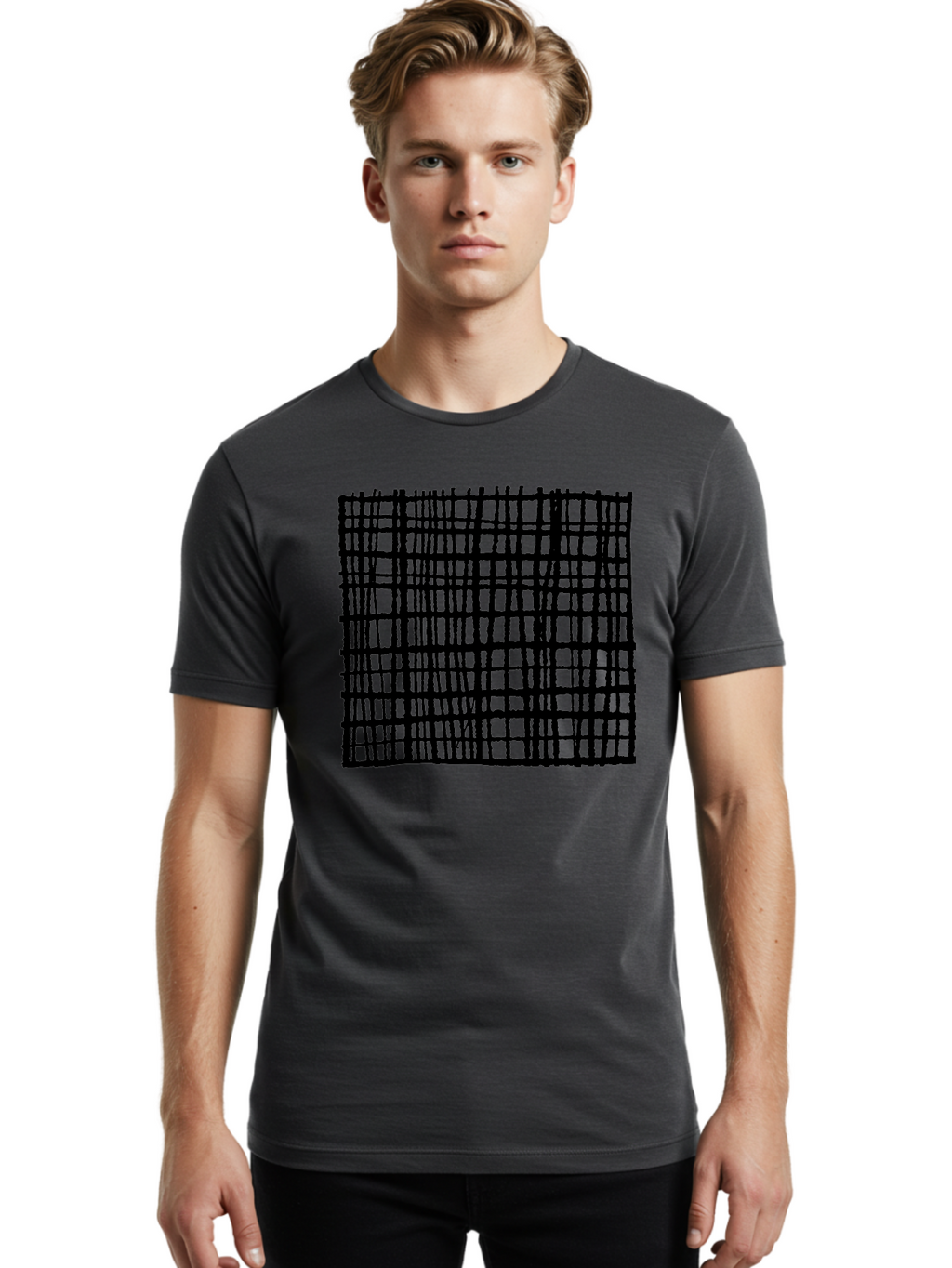 Black-Grid Men'S Graphic Tee, 100% Cotton, Comfortable Casual Summer Wear, Machine Washable, Black Grid Pattern, Graphic Design, Abstract Art, Geometric Shape, Modern Style, Contemporary Design, Grid Texture -  Aaa376