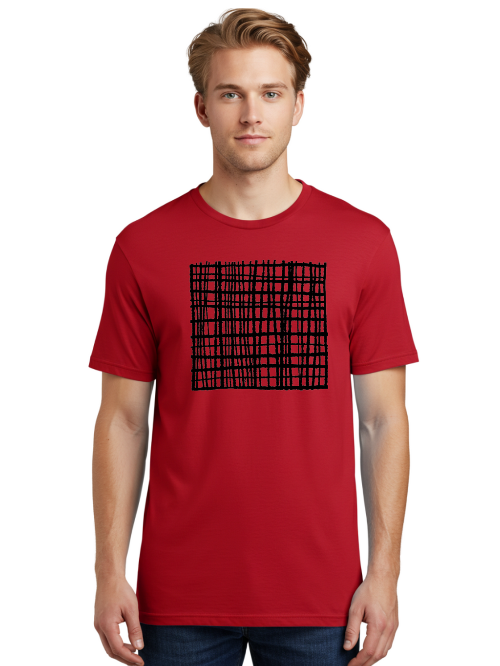 Black-Grid Men'S Graphic Tee, 100% Cotton, Comfortable Casual Summer Wear, Machine Washable, Black Grid Pattern, Graphic Design, Abstract Art, Geometric Shape, Modern Style, Contemporary Design, Grid Texture -  Aaa376