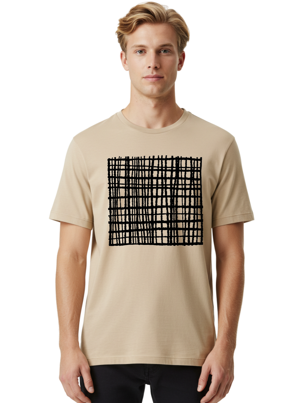 Black-Grid Men'S Graphic Tee, 100% Cotton, Comfortable Casual Summer Wear, Machine Washable, Black Grid Pattern, Graphic Design, Abstract Art, Geometric Shape, Modern Style, Contemporary Design, Grid Texture -  Aaa376