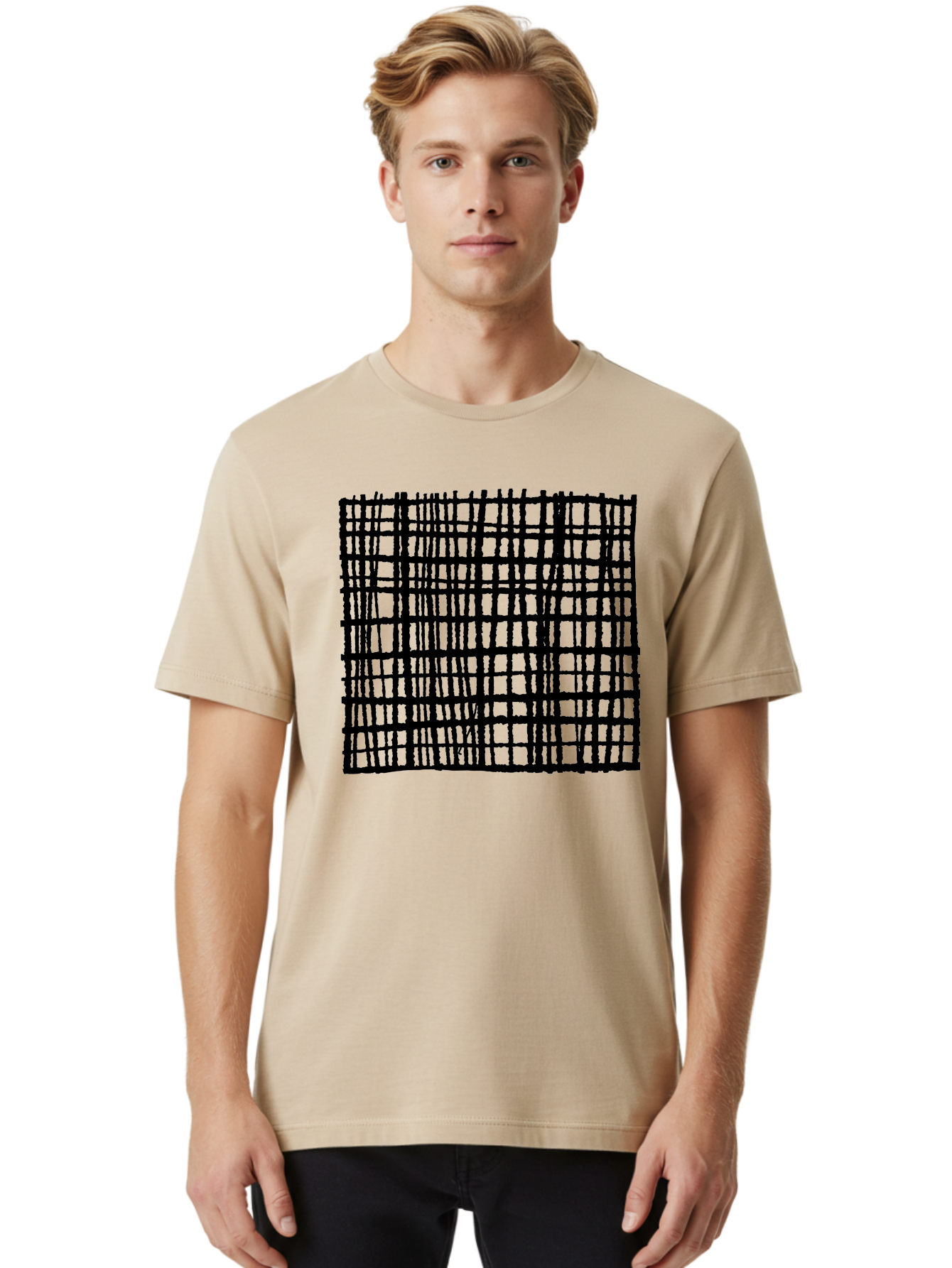 Black-Grid Men'S Graphic Tee, 100% Cotton, Comfortable Casual Summer Wear, Machine Washable, Black Grid Pattern, Graphic Design, Abstract Art, Geometric Shape, Modern Style, Contemporary Design, Grid Texture -  Aaa376