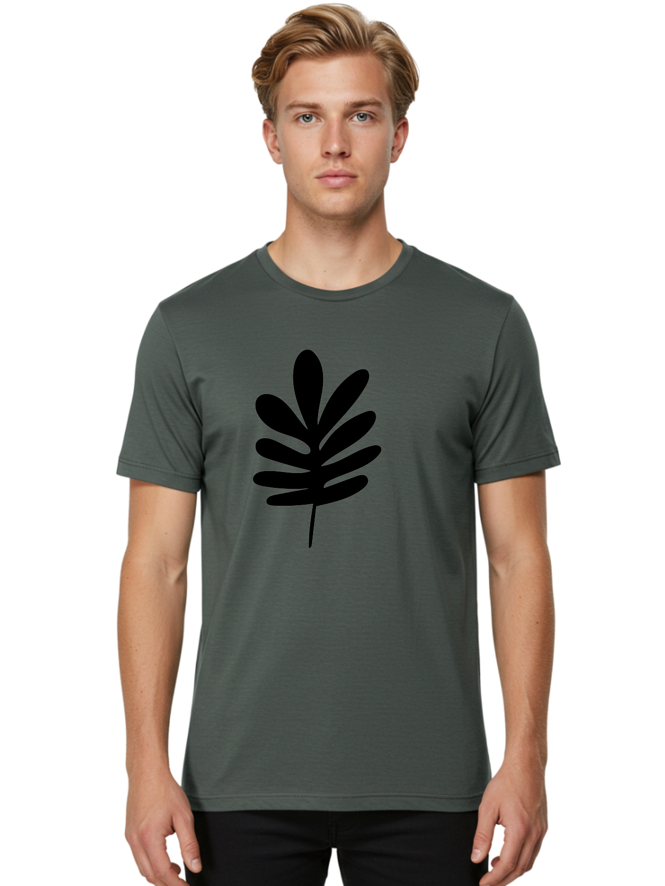 Black-Leaf-1 Men'S Graphic Tee, 100% Cotton, Comfortable Casual Summer Wear, Machine Washable, Schefflera Leaf, Black Silhouette, Minimalist Design, Simple Leaf, Foliage Icon, Botanical Graphic, Modern Art, Leaf Illustration -  Aaa377