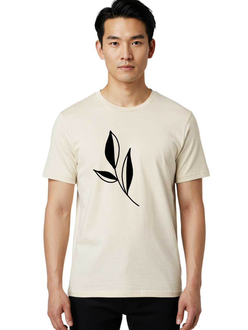 Black-Leaf Men'S Graphic Tee, 100% Cotton, Comfortable Casual Summer Wear, Machine Washable, Simple Leaf Design, Black Leaves, Minimalist Art, Nature Inspired, Botanical Illustration, Elegant Graphics, Leaf Silhouette -  Aaa379