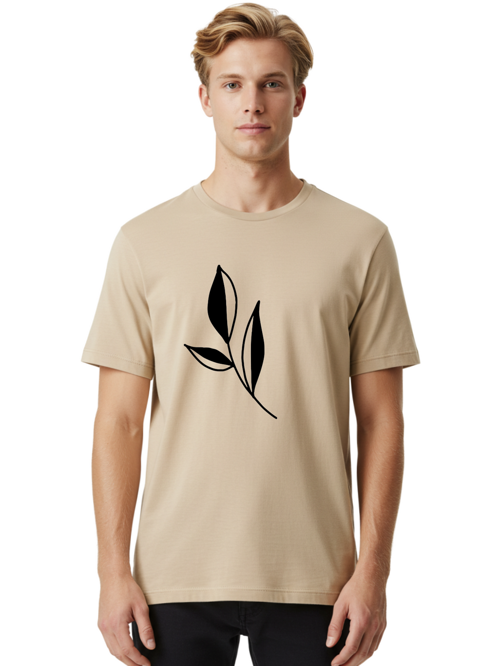 Black-Leaf Men'S Graphic Tee, 100% Cotton, Comfortable Casual Summer Wear, Machine Washable, Simple Leaf Design, Black Leaves, Minimalist Art, Nature Inspired, Botanical Illustration, Elegant Graphics, Leaf Silhouette -  Aaa379