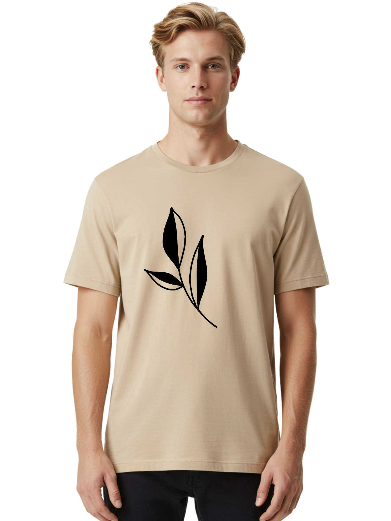 Black-Leaf Men'S Graphic Tee, 100% Cotton, Comfortable Casual Summer Wear, Machine Washable, Simple Leaf Design, Black Leaves, Minimalist Art, Nature Inspired, Botanical Illustration, Elegant Graphics, Leaf Silhouette -  Aaa379