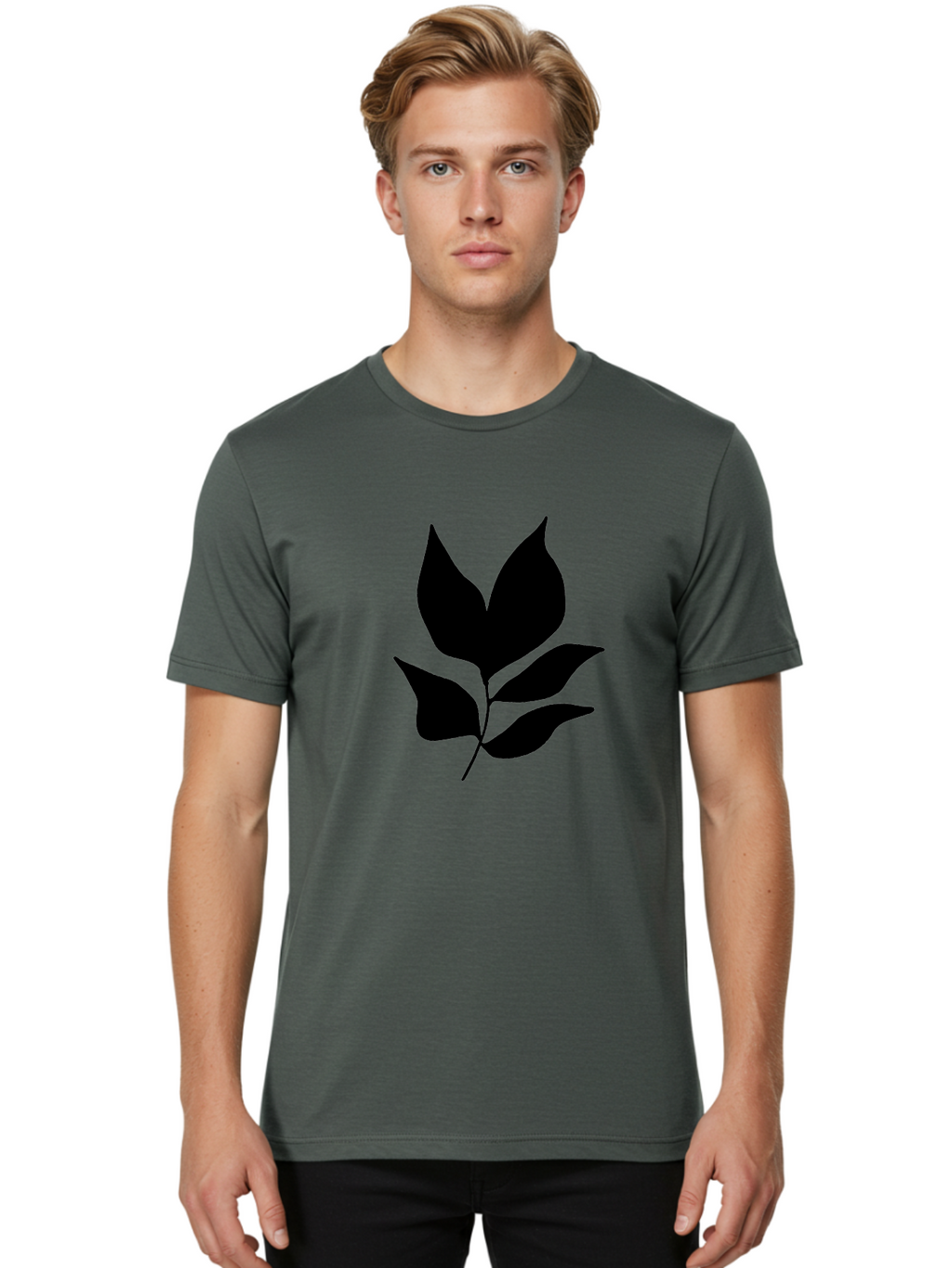 Black-Leaves-1 Men'S Graphic Tee, 100% Cotton, Comfortable Casual Summer Wear, Machine Washable, Five Leaves On Stem, Black Silhouette, Simple Design, Elegant Graphics, Minimalist Art, Leaf Icon, Nature-Inspired -  Aaa380