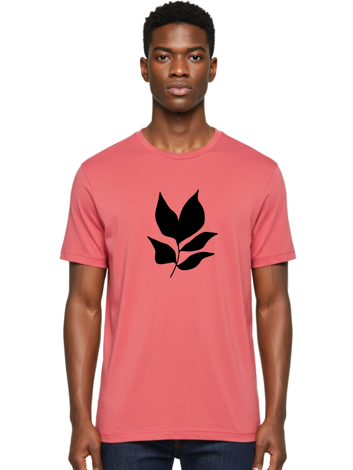 Black-Leaves-1 Men'S Graphic Tee, 100% Cotton, Comfortable Casual Summer Wear, Machine Washable, Five Leaves On Stem, Black Silhouette, Simple Design, Elegant Graphics, Minimalist Art, Leaf Icon, Nature-Inspired -  Aaa380