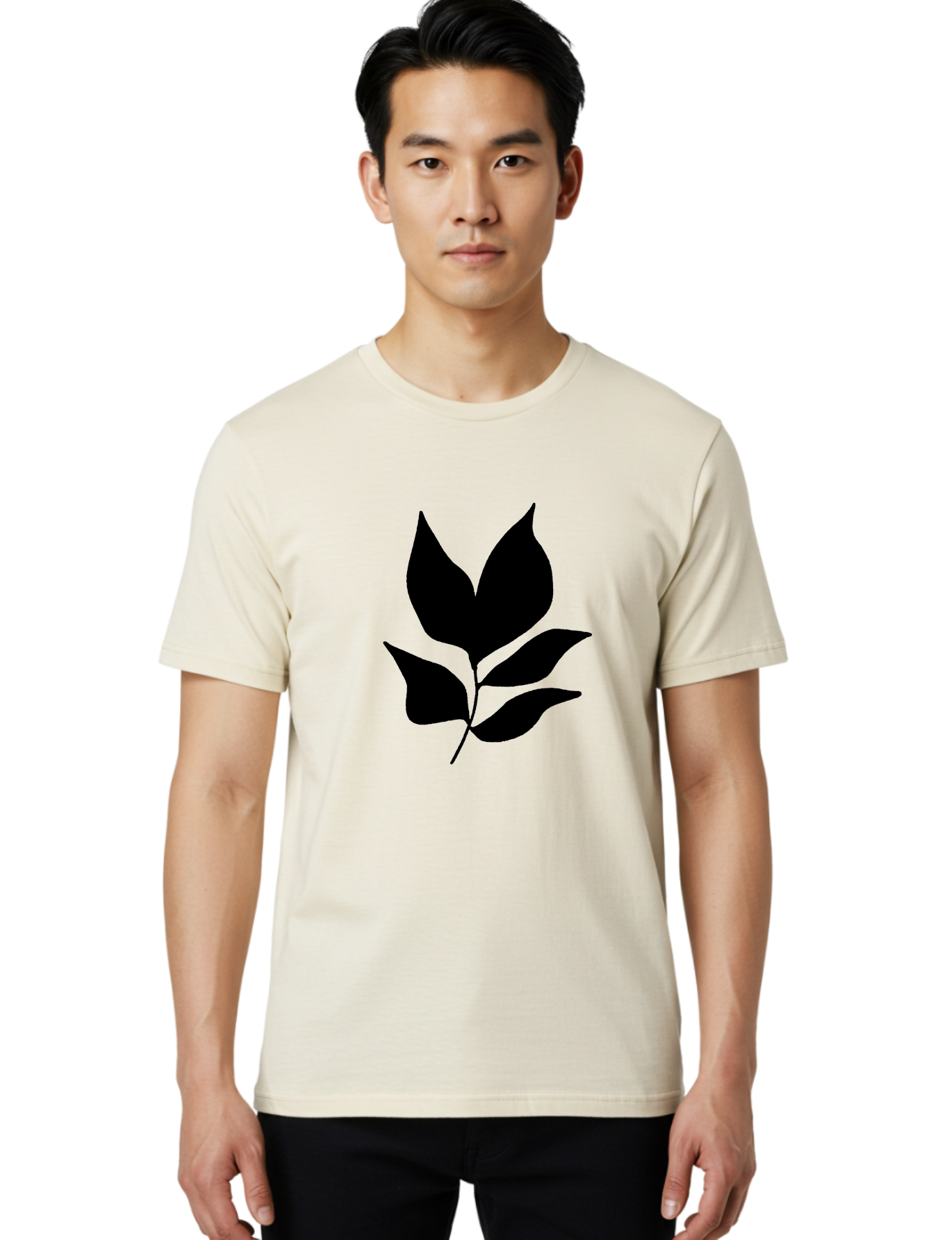 Black-Leaves-1 Men'S Graphic Tee, 100% Cotton, Comfortable Casual Summer Wear, Machine Washable, Five Leaves On Stem, Black Silhouette, Simple Design, Elegant Graphics, Minimalist Art, Leaf Icon, Nature-Inspired -  Aaa380