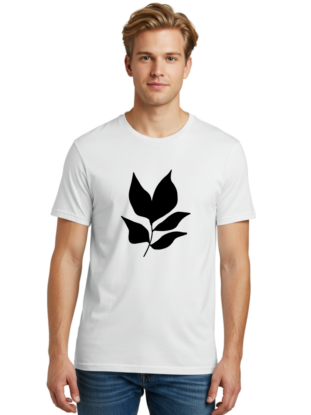 Black-Leaves-1 Men'S Graphic Tee, 100% Cotton, Comfortable Casual Summer Wear, Machine Washable, Five Leaves On Stem, Black Silhouette, Simple Design, Elegant Graphics, Minimalist Art, Leaf Icon, Nature-Inspired -  Aaa380