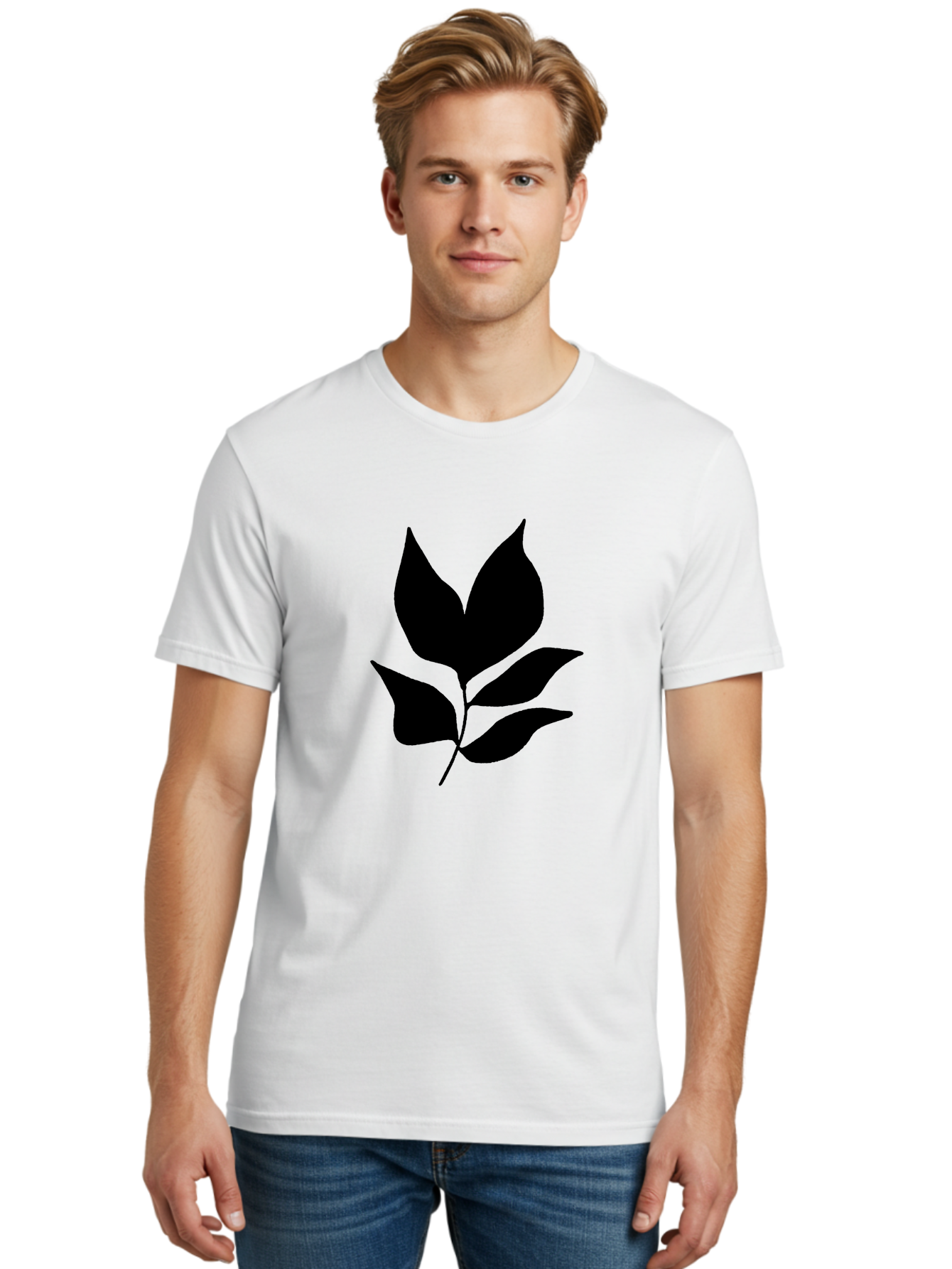 Black-Leaves-1 Men'S Graphic Tee, 100% Cotton, Comfortable Casual Summer Wear, Machine Washable, Five Leaves On Stem, Black Silhouette, Simple Design, Elegant Graphics, Minimalist Art, Leaf Icon, Nature-Inspired -  Aaa380