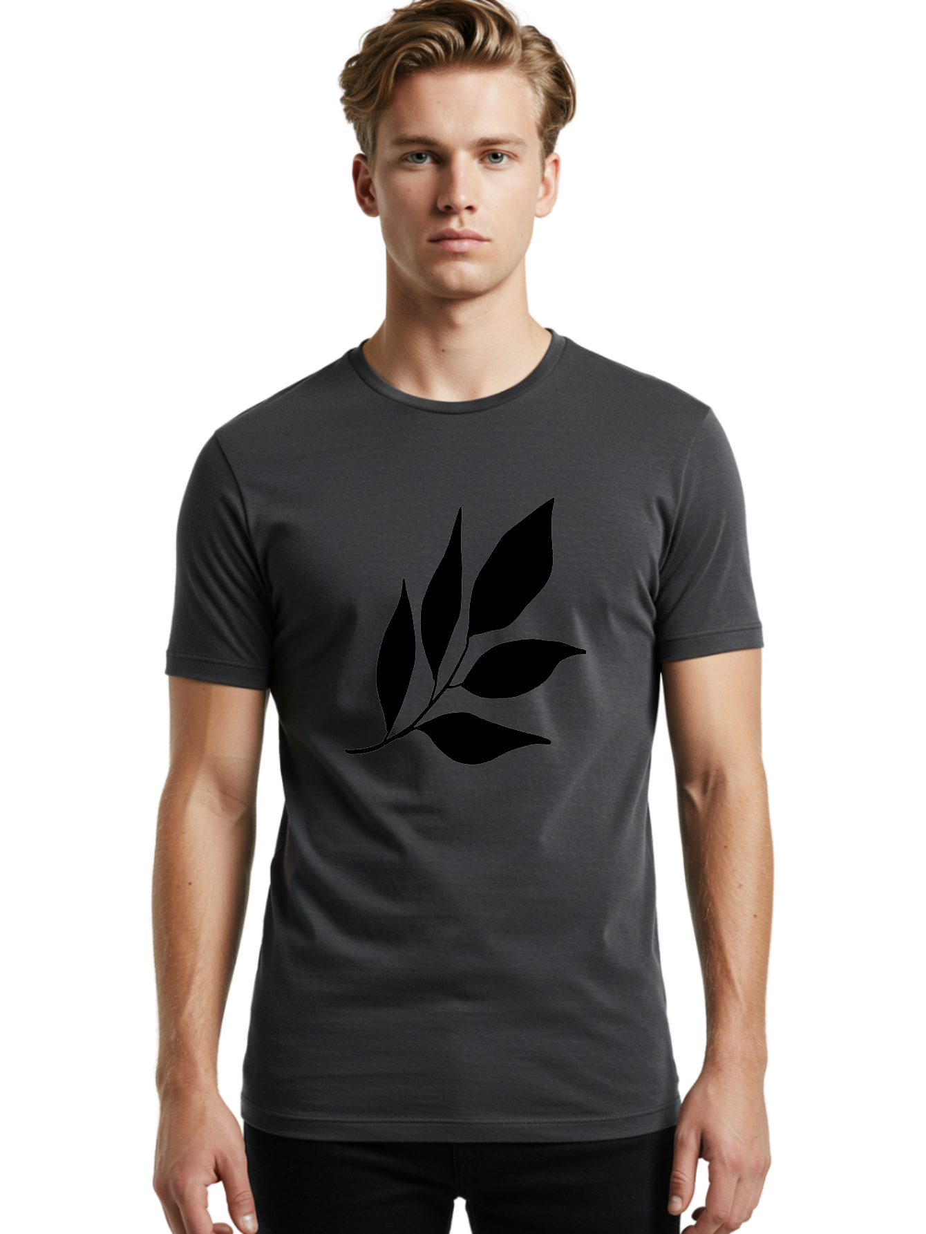 Black-Leaves-3 Men'S Graphic Tee, 100% Cotton, Comfortable Casual Summer Wear, Machine Washable, Black Leaves, Leafy Branch, Natural Elements, Simple Graphics, Minimalist Design, Leaf Silhouette, Botanical Illustration -  Aaa382
