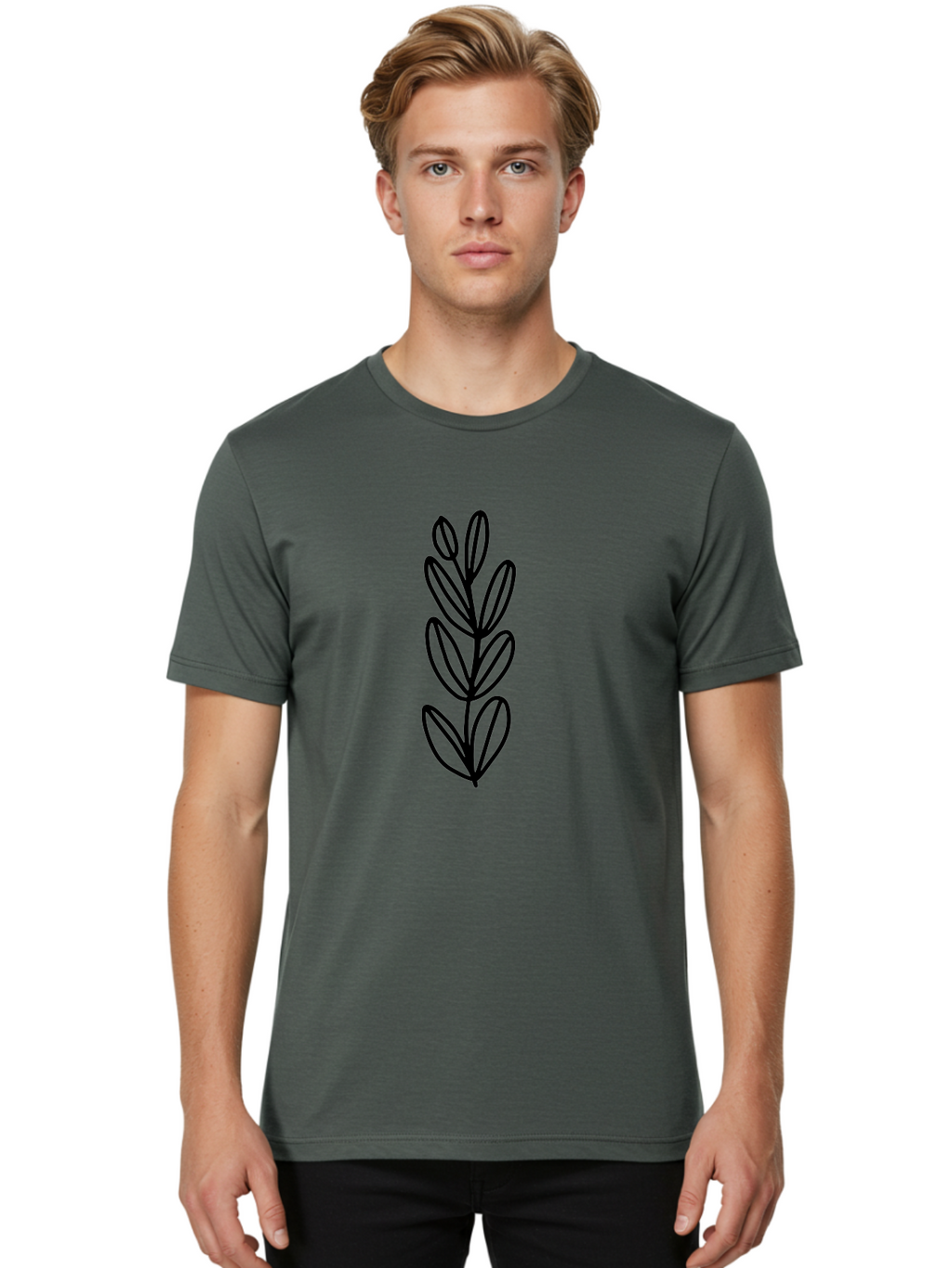 Black-Leaves Men'S Graphic Tee, 100% Cotton, Comfortable Casual Summer Wear, Machine Washable, Simple Plant Illustration, Minimalist Design, Black Outline, Leafy Greens, Botanical Art, Modern Simplicity, Graphic Design Element -  Aaa384