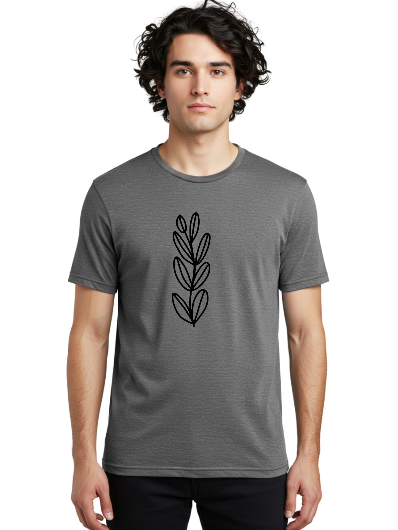 Black-Leaves Men'S Graphic Tee, 100% Cotton, Comfortable Casual Summer Wear, Machine Washable, Simple Plant Illustration, Minimalist Design, Black Outline, Leafy Greens, Botanical Art, Modern Simplicity, Graphic Design Element -  Aaa384