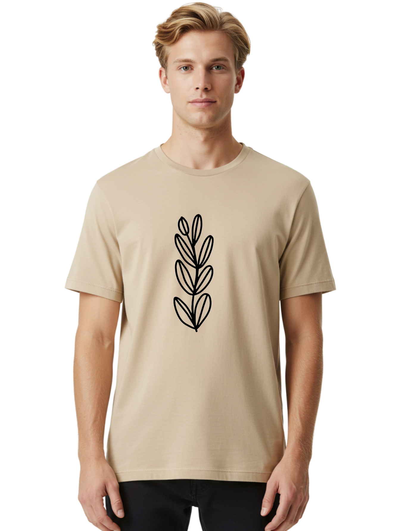 Black-Leaves Men'S Graphic Tee, 100% Cotton, Comfortable Casual Summer Wear, Machine Washable, Simple Plant Illustration, Minimalist Design, Black Outline, Leafy Greens, Botanical Art, Modern Simplicity, Graphic Design Element -  Aaa384