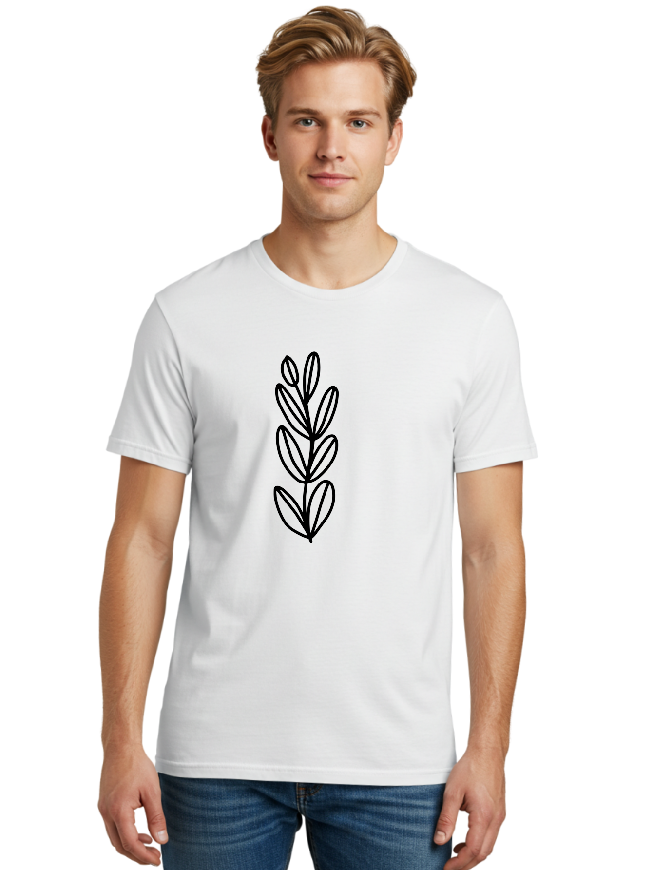 Black-Leaves Men'S Graphic Tee, 100% Cotton, Comfortable Casual Summer Wear, Machine Washable, Simple Plant Illustration, Minimalist Design, Black Outline, Leafy Greens, Botanical Art, Modern Simplicity, Graphic Design Element -  Aaa384