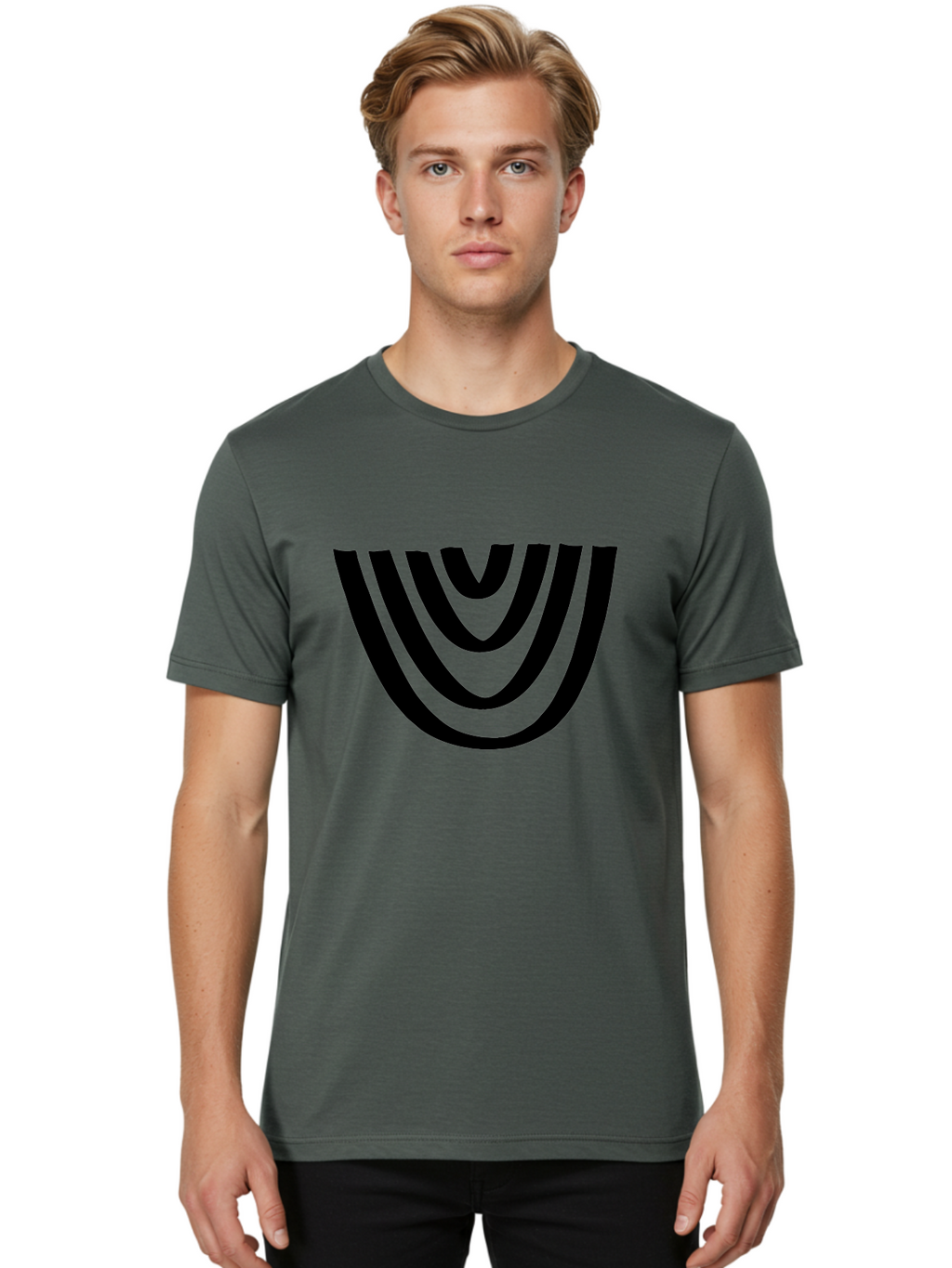 Black-U-Shaped-Lines Men'S Graphic Tee, 100% Cotton, Comfortable Casual Summer Wear, Machine Washable, Curved Lines, Abstract Design, Black Lines, Layered Effect, Modern Art, Geometric Pattern, Minimalistic Style -  Aaa398