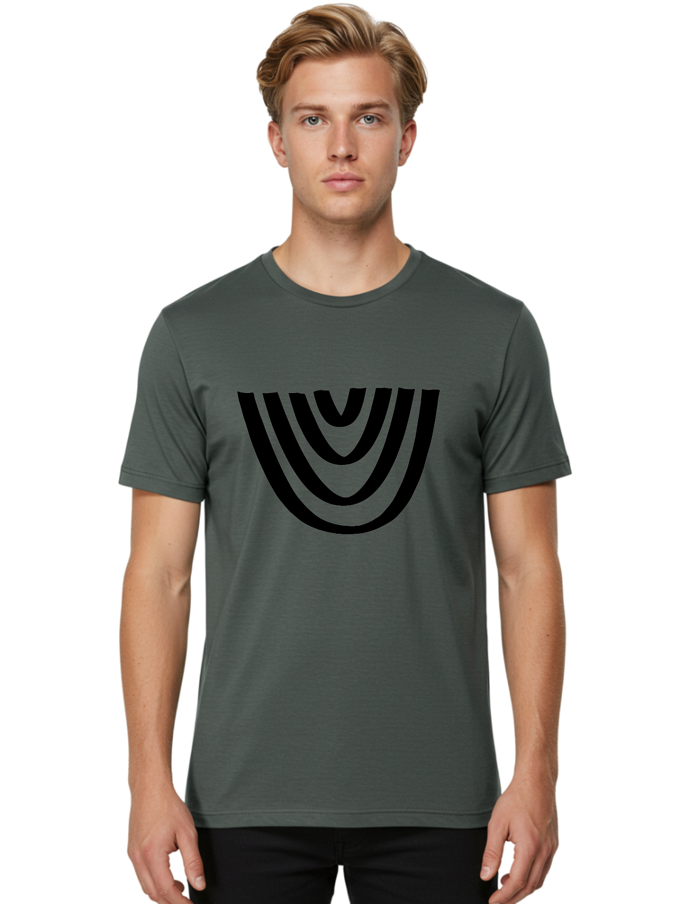 Black-U-Shaped-Lines Men'S Graphic Tee, 100% Cotton, Comfortable Casual Summer Wear, Machine Washable, Curved Lines, Abstract Design, Black Lines, Layered Effect, Modern Art, Geometric Pattern, Minimalistic Style -  Aaa398