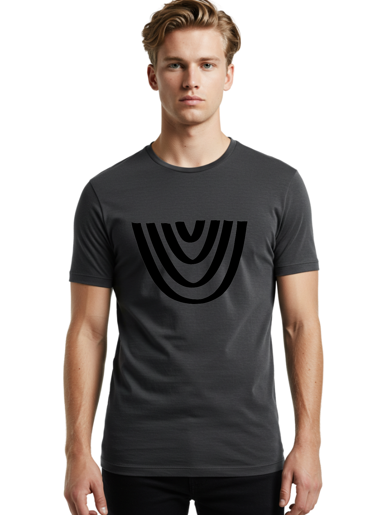 Black-U-Shaped-Lines Men'S Graphic Tee, 100% Cotton, Comfortable Casual Summer Wear, Machine Washable, Curved Lines, Abstract Design, Black Lines, Layered Effect, Modern Art, Geometric Pattern, Minimalistic Style -  Aaa398