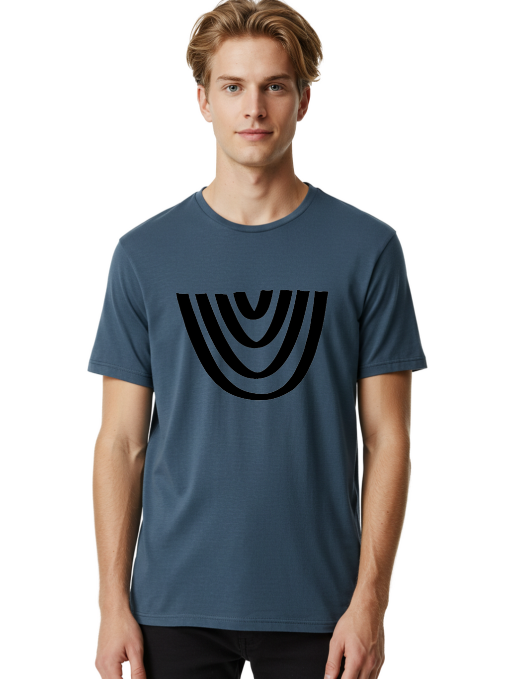 Black-U-Shaped-Lines Men'S Graphic Tee, 100% Cotton, Comfortable Casual Summer Wear, Machine Washable, Curved Lines, Abstract Design, Black Lines, Layered Effect, Modern Art, Geometric Pattern, Minimalistic Style -  Aaa398