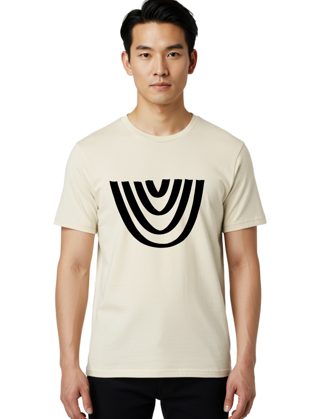 Black-U-Shaped-Lines Men'S Graphic Tee, 100% Cotton, Comfortable Casual Summer Wear, Machine Washable, Curved Lines, Abstract Design, Black Lines, Layered Effect, Modern Art, Geometric Pattern, Minimalistic Style -  Aaa398