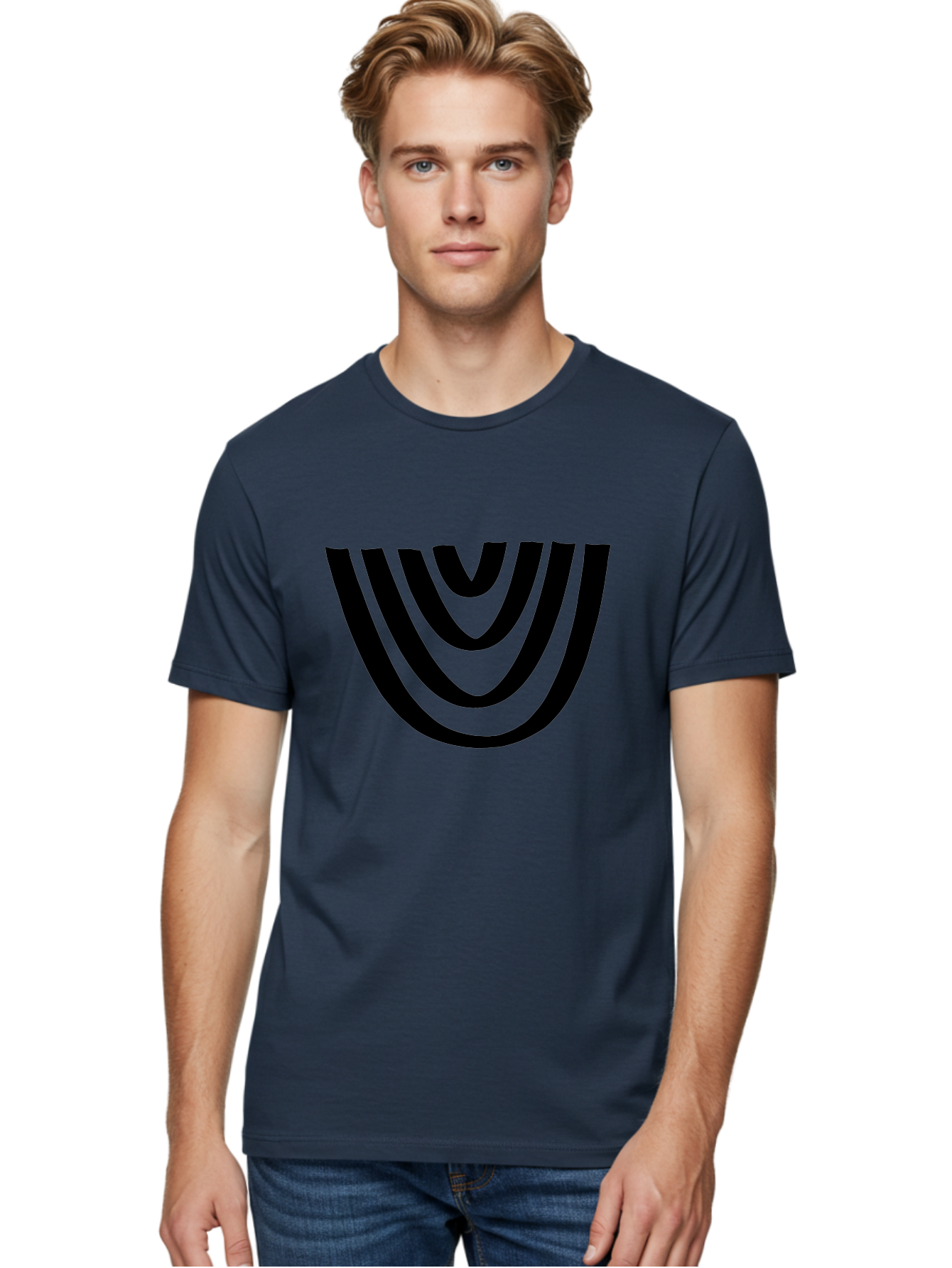 Black-U-Shaped-Lines Men'S Graphic Tee, 100% Cotton, Comfortable Casual Summer Wear, Machine Washable, Curved Lines, Abstract Design, Black Lines, Layered Effect, Modern Art, Geometric Pattern, Minimalistic Style -  Aaa398