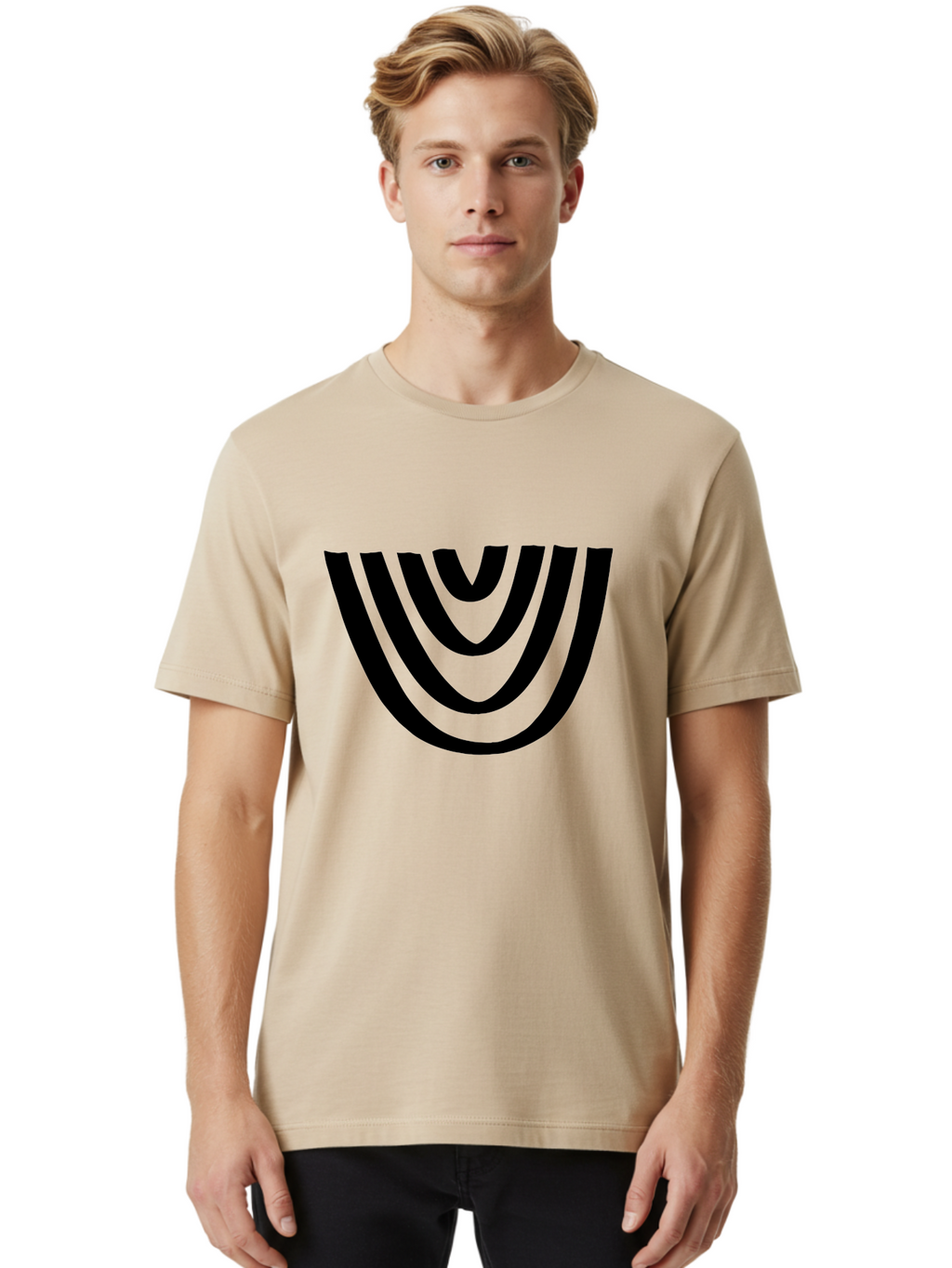 Black-U-Shaped-Lines Men'S Graphic Tee, 100% Cotton, Comfortable Casual Summer Wear, Machine Washable, Curved Lines, Abstract Design, Black Lines, Layered Effect, Modern Art, Geometric Pattern, Minimalistic Style -  Aaa398