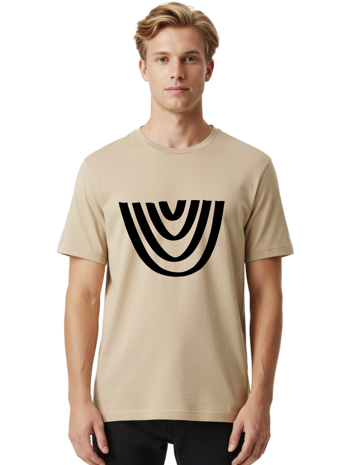 Black-U-Shaped-Lines Men'S Graphic Tee, 100% Cotton, Comfortable Casual Summer Wear, Machine Washable, Curved Lines, Abstract Design, Black Lines, Layered Effect, Modern Art, Geometric Pattern, Minimalistic Style -  Aaa398