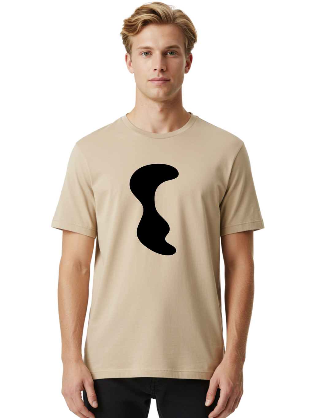 Black-Wavy-Shape Men'S Graphic Tee, 100% Cotton, Comfortable Casual Summer Wear, Machine Washable, Abstract Black Shape, Fluid Design, Modern Art, Sleek Silhouette, Minimalist Graphics, Dynamic Curve -  Aaa399