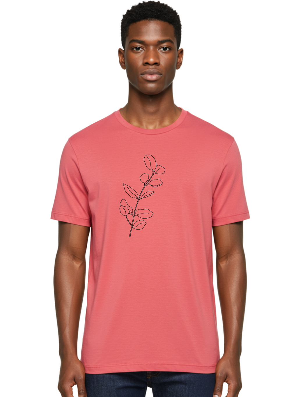 Branch-With-Leaves Men'S Graphic Tee, 100% Cotton, Comfortable Casual Summer Wear, Machine Washable, Simple Line Drawing, Leafy Branch, Minimalist Art, Black Outline, Foliage, Botanical Illustration, Simple Shapes, Natural Elements -  Aaa401